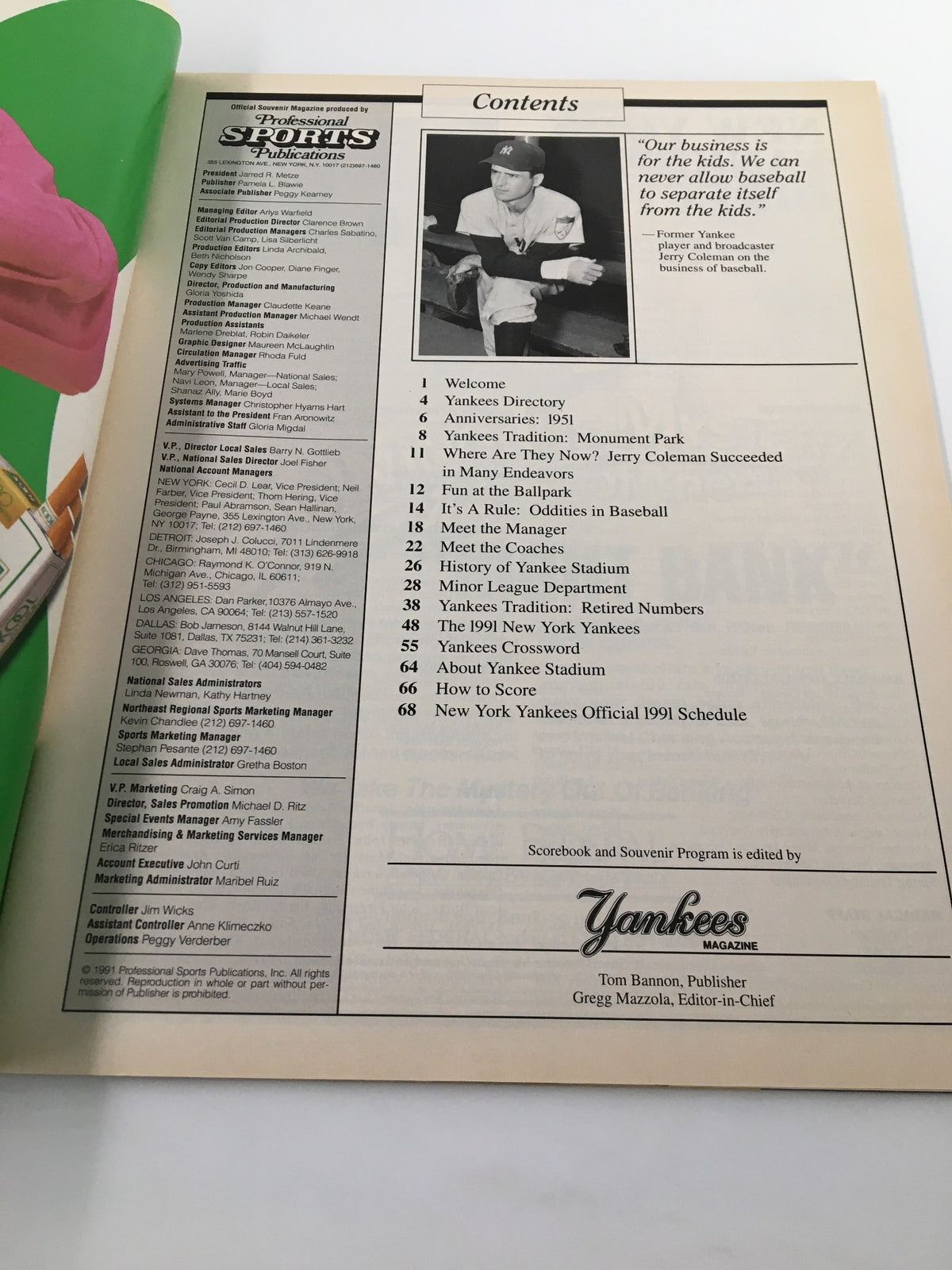 Contents page from the 1991 Official Scorebook & Souvenir Program MLB New York Yankees, showcasing featured articles and player directory.