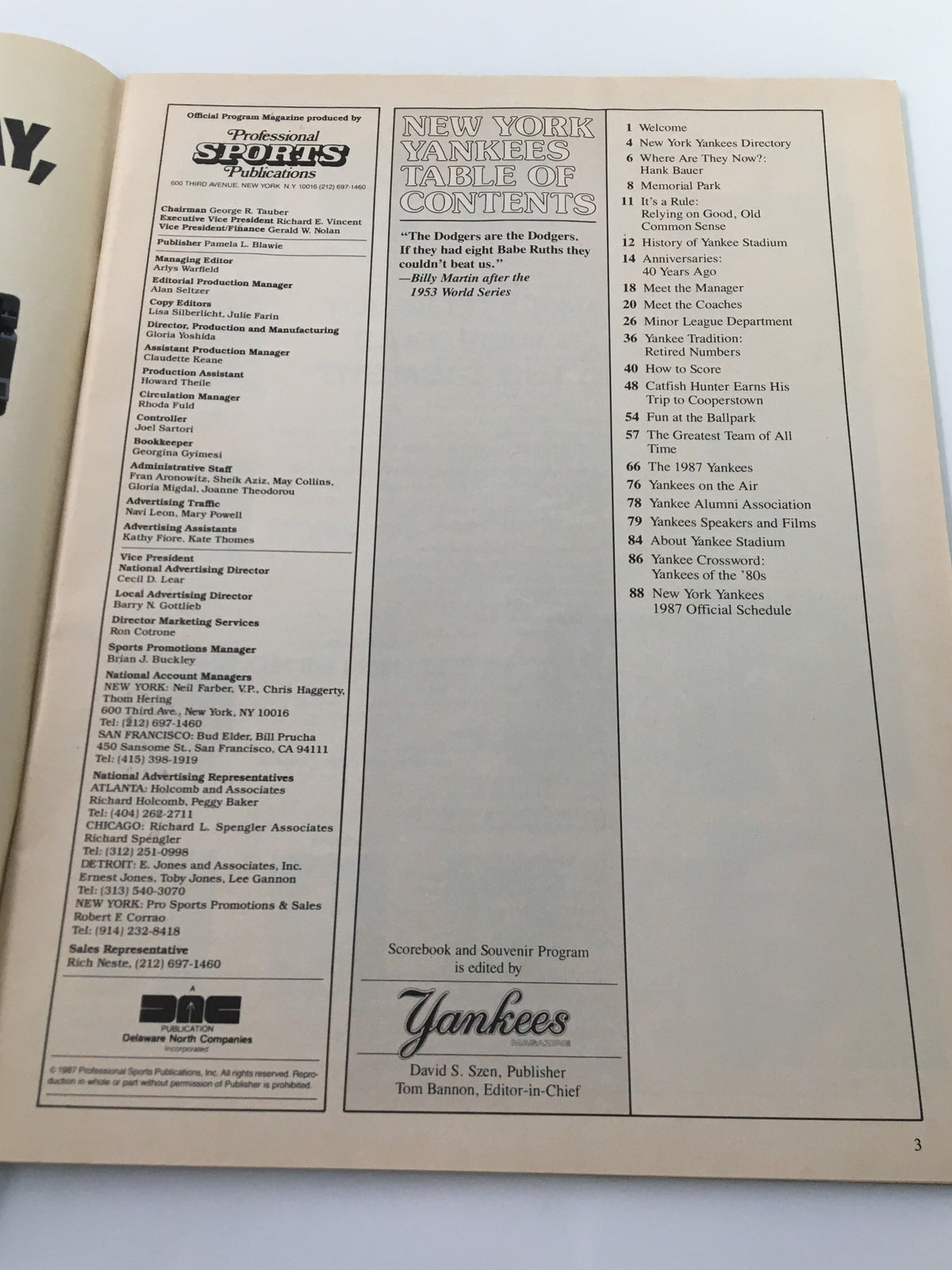 Page showing the table of contents from the 1987 Official Scorebook & Souvenir Program MLB New York Yankees featuring key sections about the team and its history.