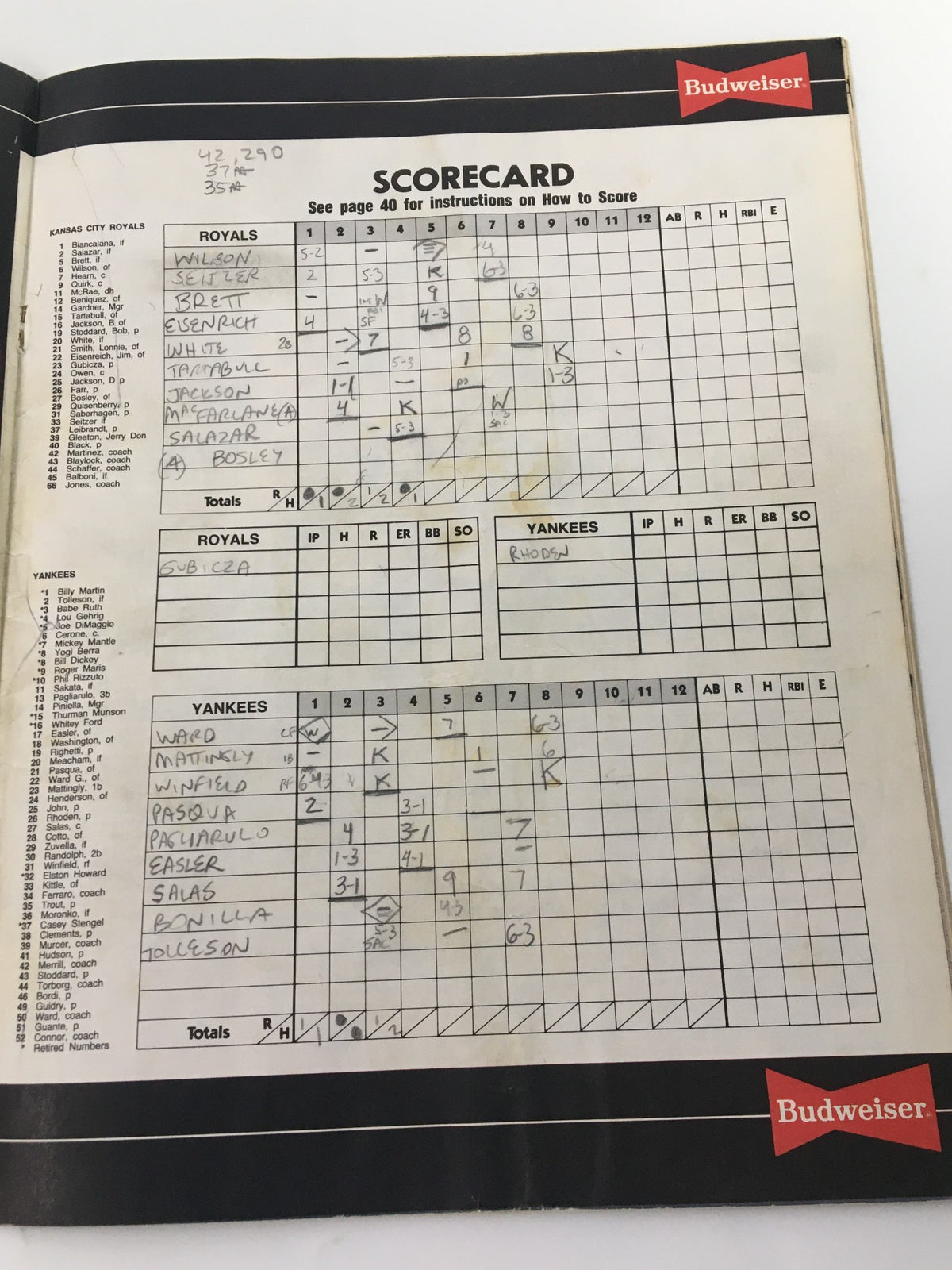 Scorecard page from the 1987 Official Scorebook & Souvenir Program MLB New York Yankees, displaying player statistics and game details for a Yankees vs. Royals matchup.