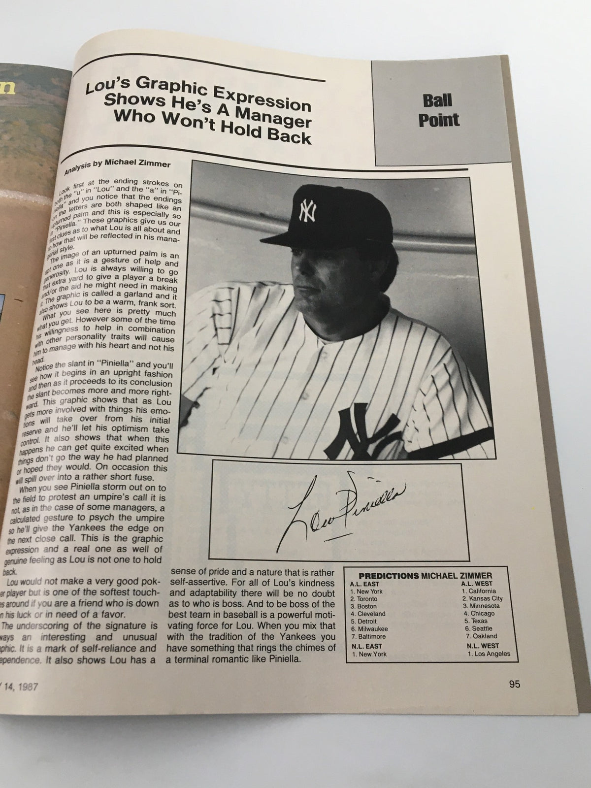 Article about Lou Pinella from VTG Yankees Magazine May 14 1987, discussing his management style and predictions for the future.