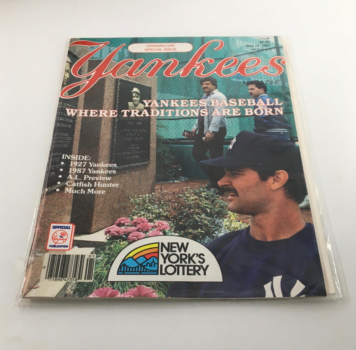 Cover of VTG Yankees Magazine May 14 1987 featuring Lou Pinella and Catfish Hunter, showcasing Yankees baseball heritage.