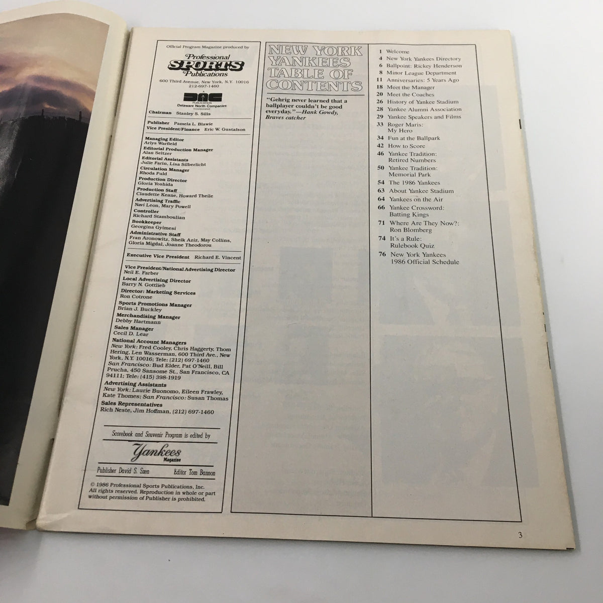 Inside page of the 1986 Official Scorebook & Souvenir Program for MLB New York Yankees showing the Table of Contents.