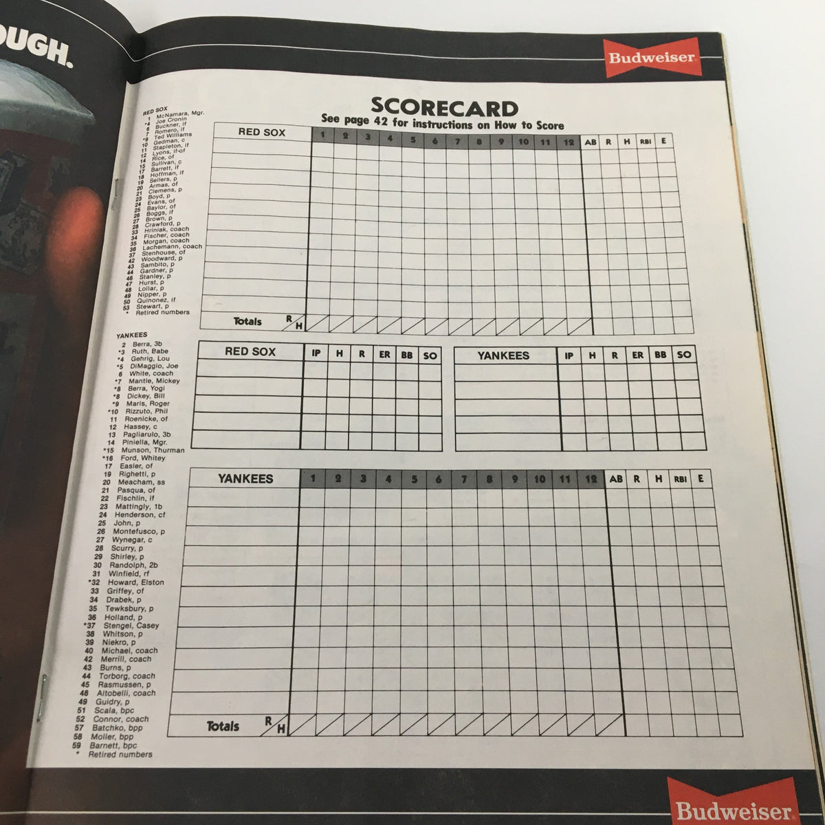 Scorecard layout from the 1986 Official Scorebook & Souvenir Program for MLB New York Yankees, designed for tracking game statistics.