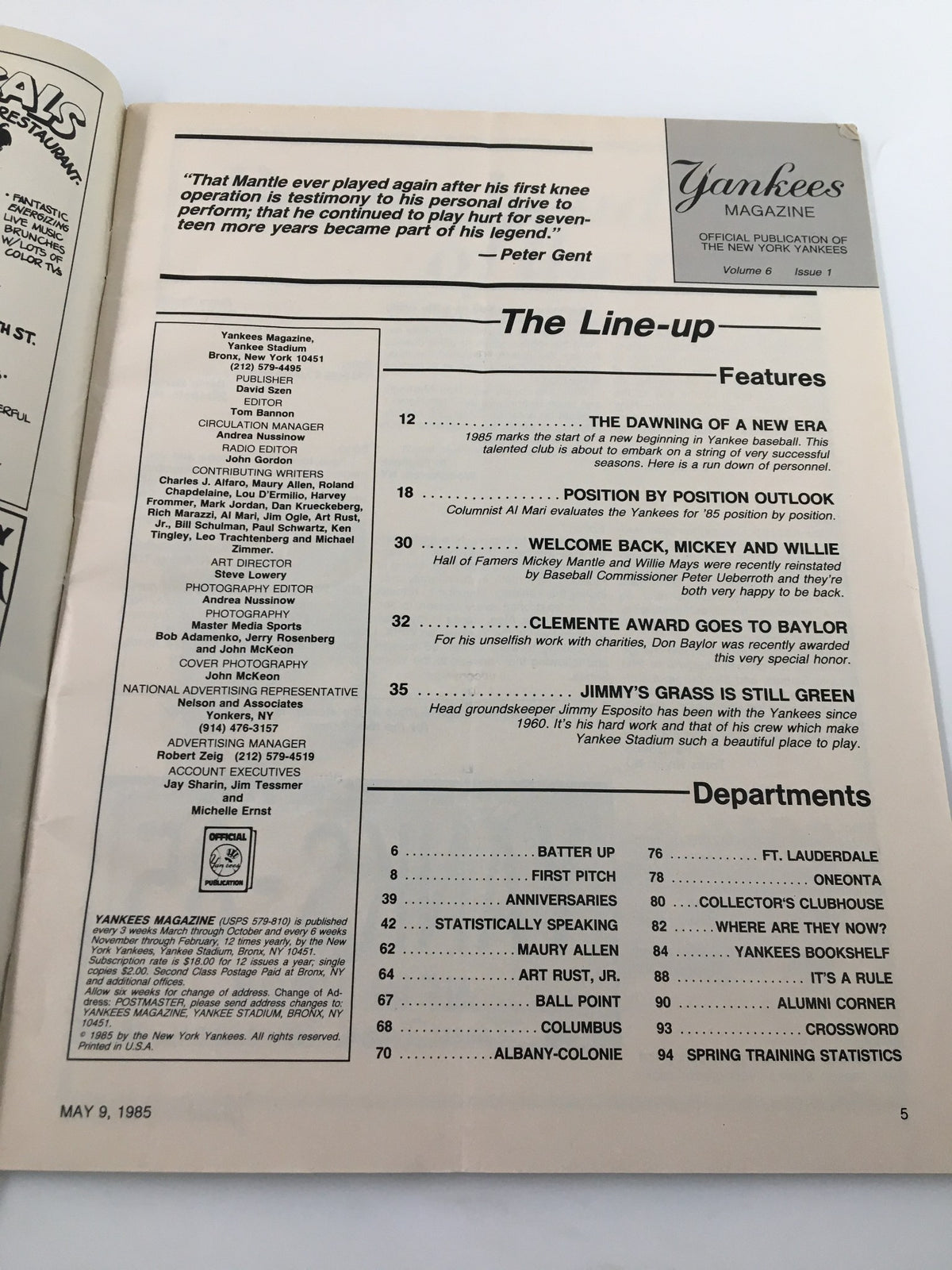 Inside page of the VTG Yankees Magazine May 9 1985 showing the lineup and features, including comments from Peter Gent about Mickey Mantle.