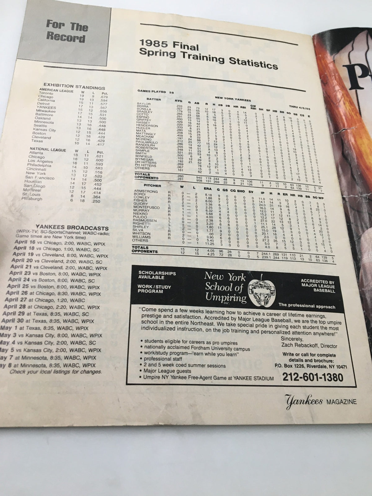 Page from the VTG Yankees Magazine May 9 1985 with exhibition standings and statistics from the 1985 spring training.