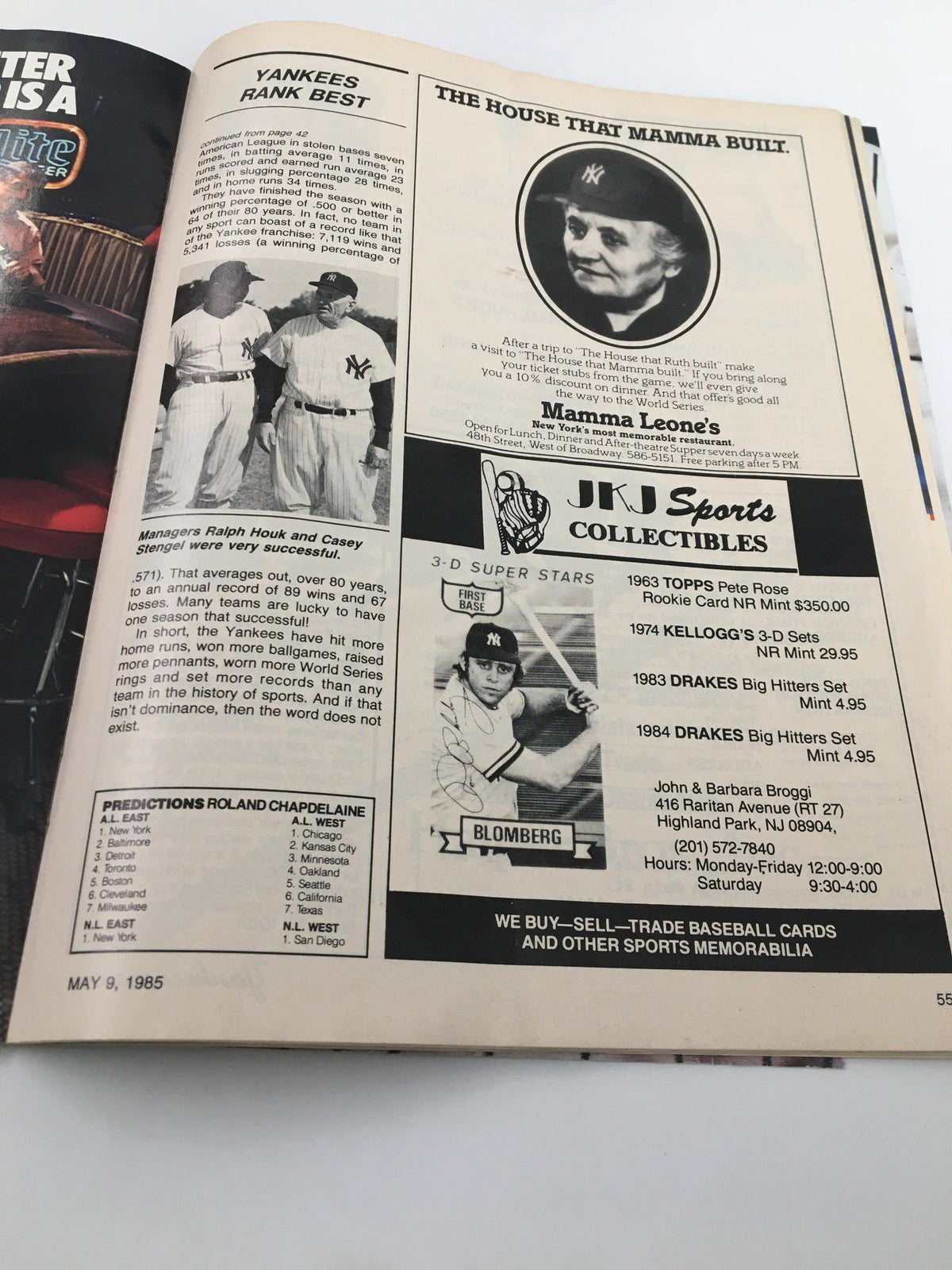 Page from Vintage Yankees Magazine May 9 1985 featuring an article on Yankees' ranking and managers Ralph Houk and Casey Stengel. The magazine captures the essence of baseball history.
