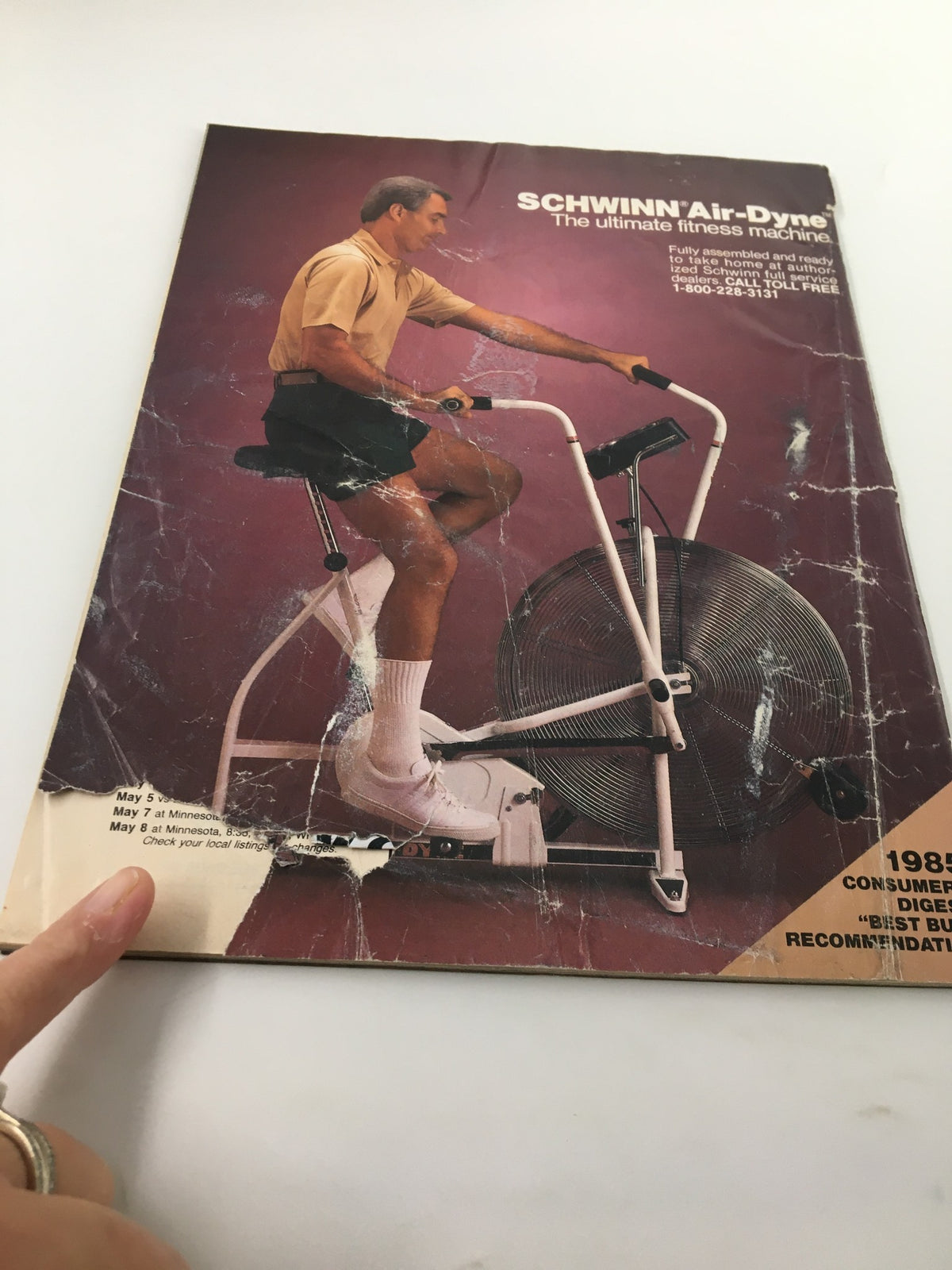 Cover of a Schwinn Air-Dyne fitness machine advertisement from Vintage Yankees Magazine May 9 1985, showcasing fitness trends of the era alongside baseball memorabilia.