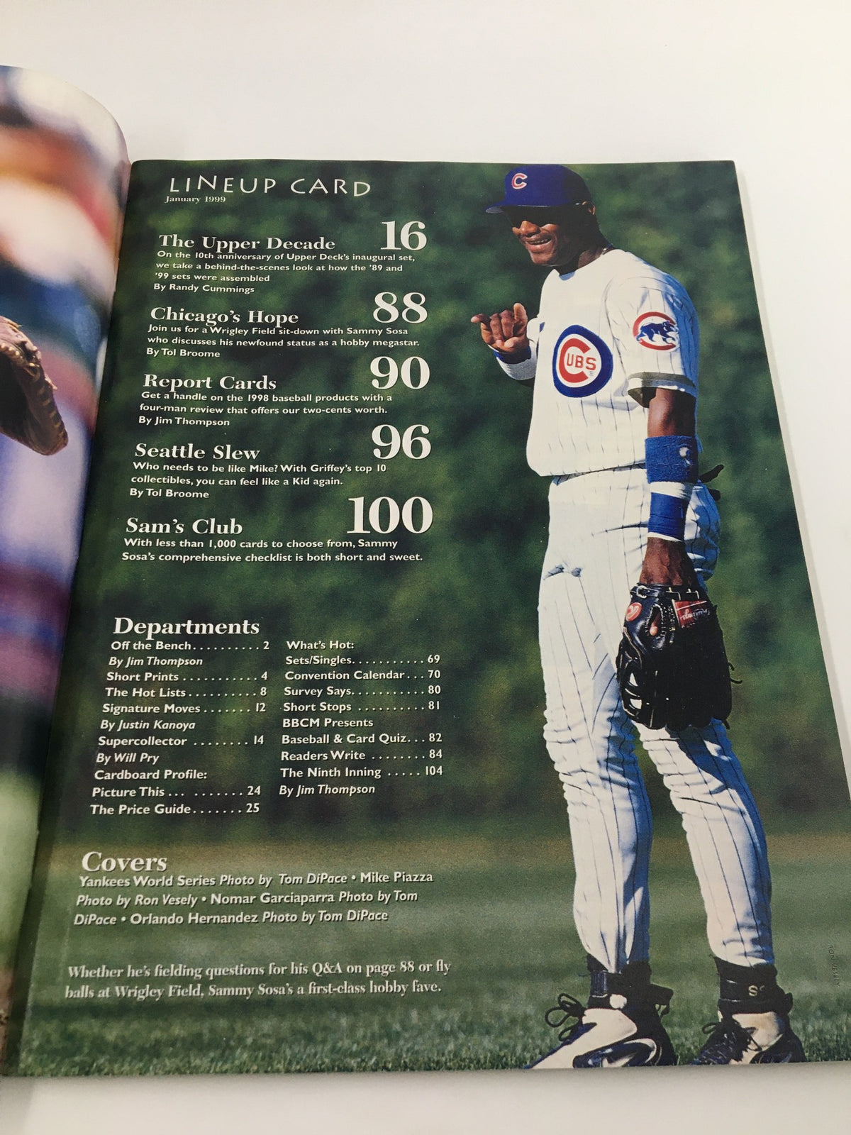 Interior page of Beckett Baseball Card Monthly January 1999 #166 highlighting various baseball topics, including a lineup card and features on players like Sammy Sosa.