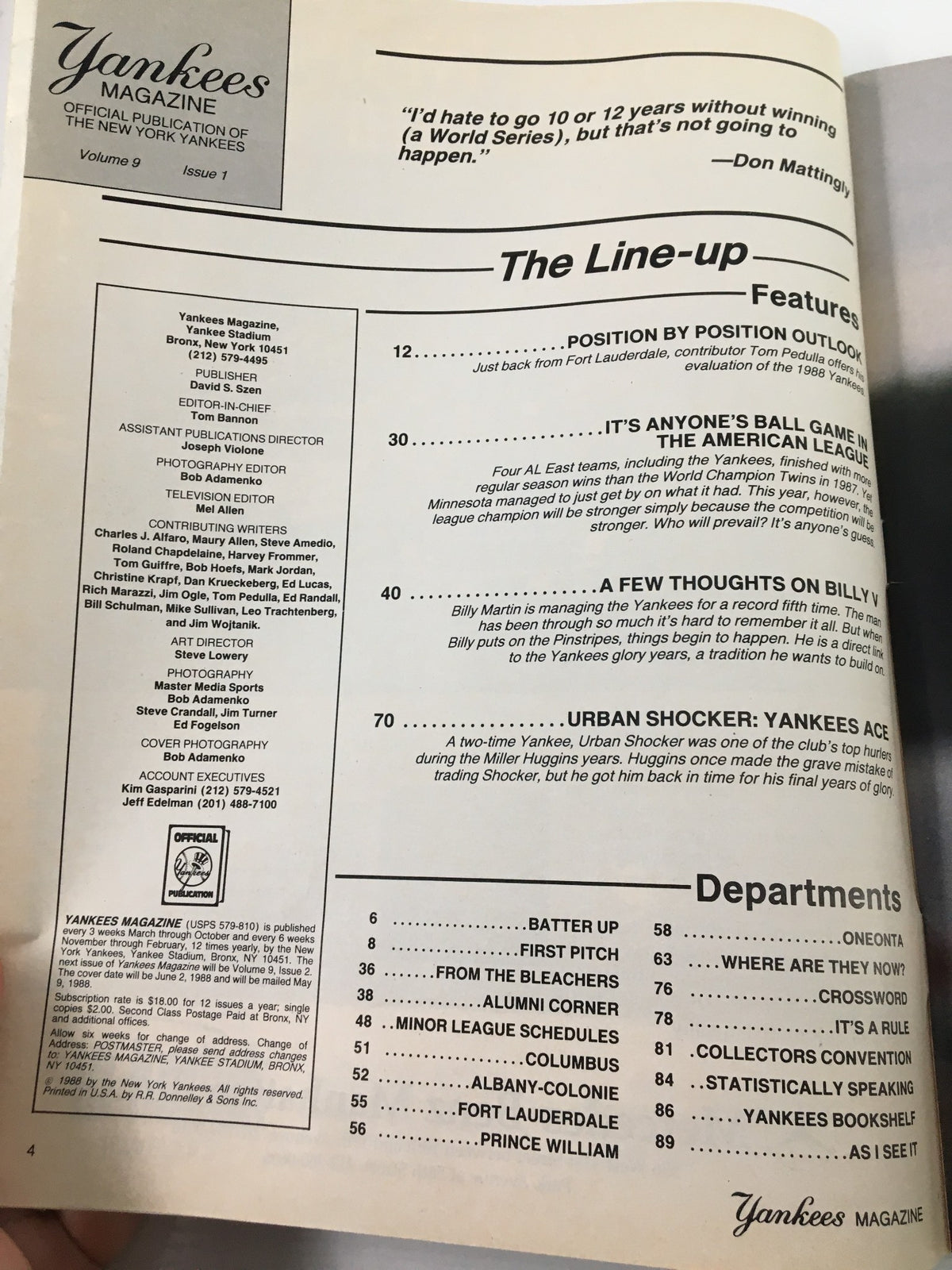 Inside page of VTG Yankees Magazine featuring the table of contents and introductory quotes, highlighting key articles.