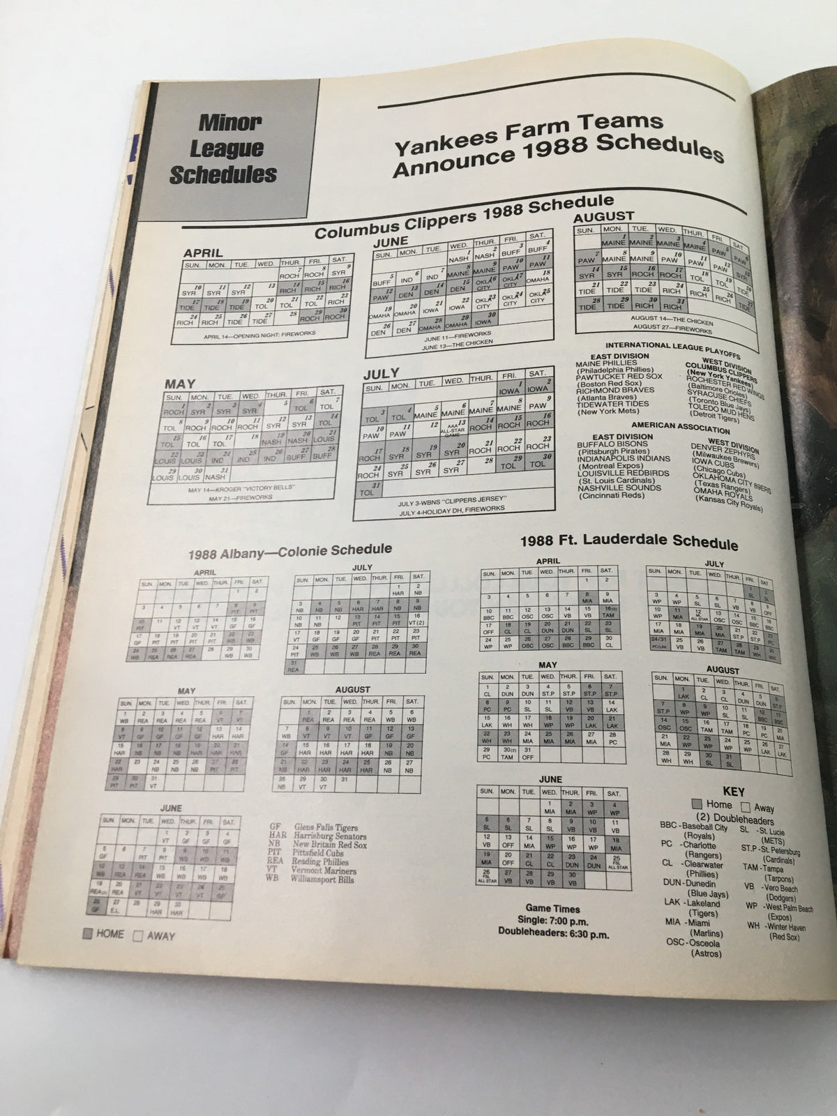 Minor league schedules section of VTG Yankees Magazine detailing the game dates for the Columbus Clippers in 1988.