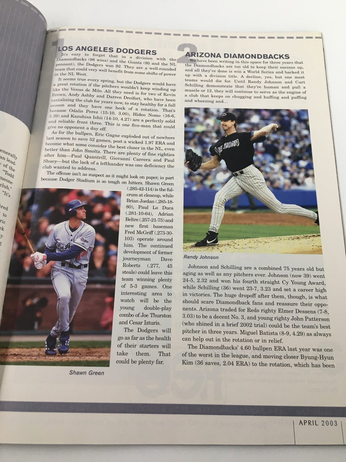 Featured article page from Yankees Magazine, April 2003, discussing the Los Angeles Dodgers and Arizona Diamondbacks, with insights into MLB teams.