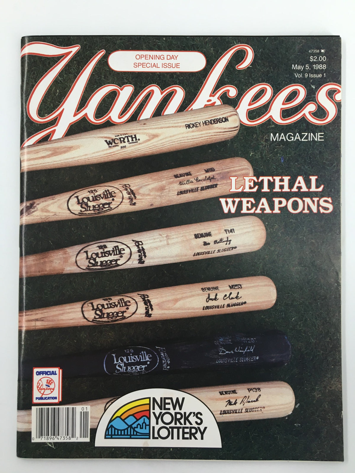 Cover of the VTG Yankees Magazine dated May 5, 1988, featuring a collection of baseball bats and the title 'LETHAL WEAPONS', highlighting Rickey Henderson and the New York Yankees.