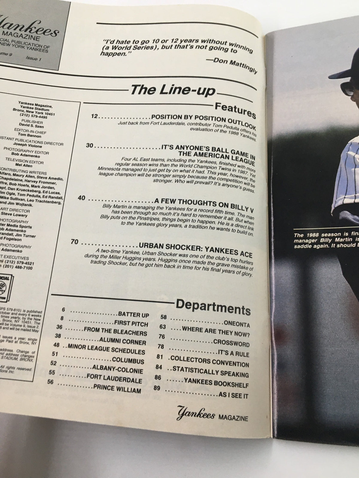 Inside page of the VTG Yankees Magazine from May 5, 1988, showcasing the Table of Contents with features and departments for that issue, including the one by Don Mattingly.