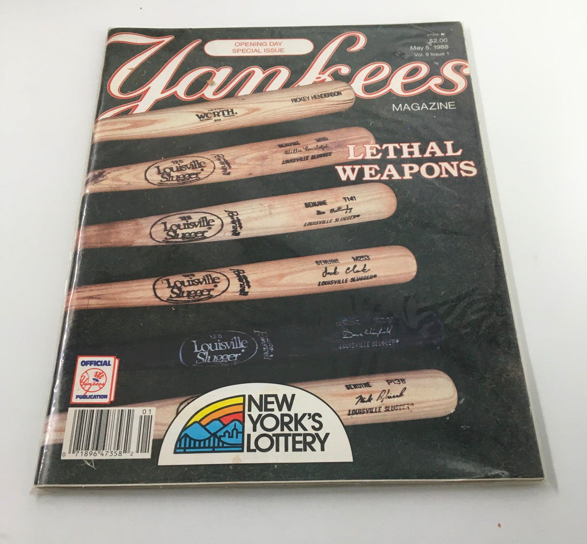 Cover of VTG Yankees Magazine May 5 1988 showcasing the title 'Yankees' and highlighting baseball bats with signatures, underlining its collectible nature.