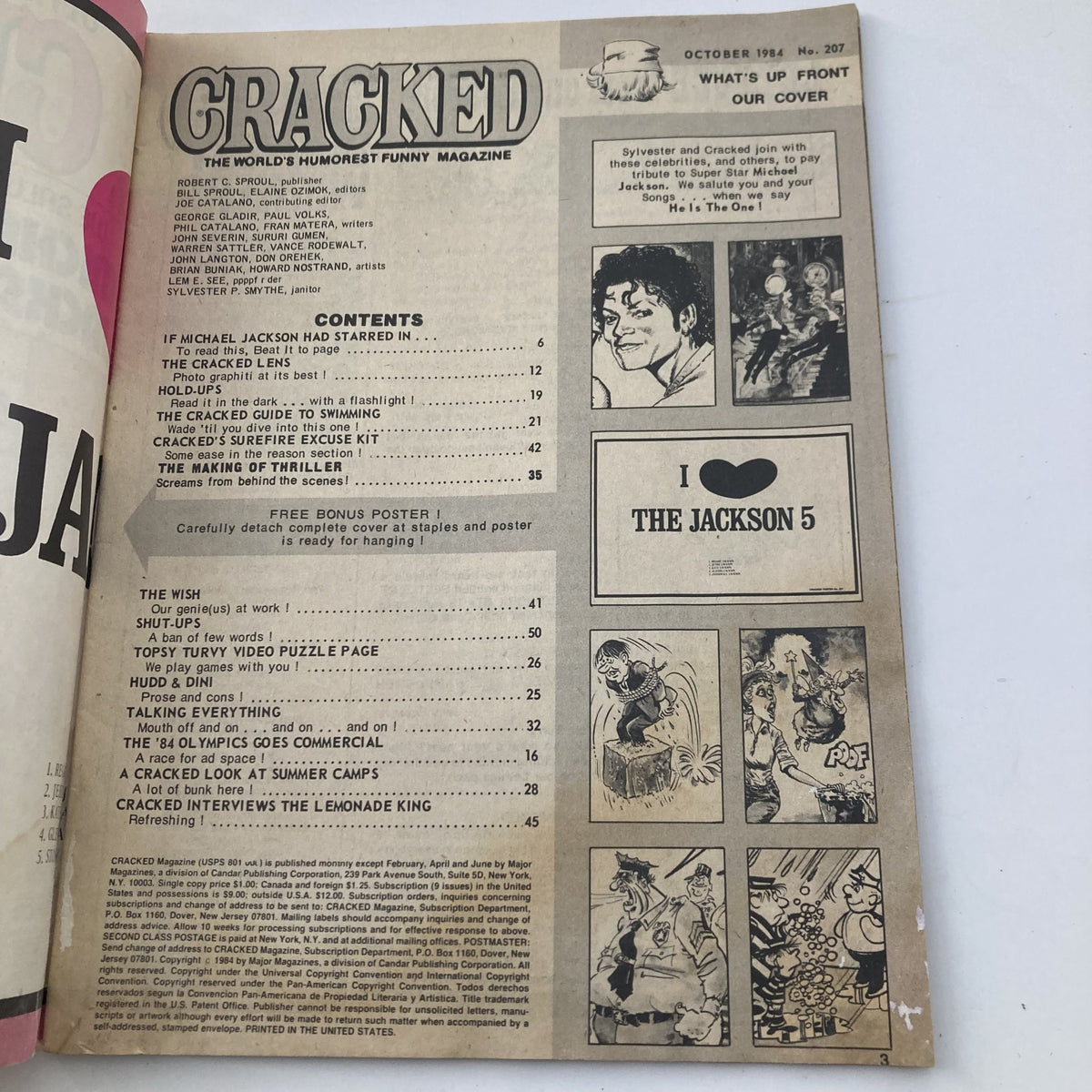 Inside page of VTG Cracked Magazine October 1984 No. 207 displaying the table of contents, showcasing articles and features dedicated to Michael Jackson and 80s pop culture.
