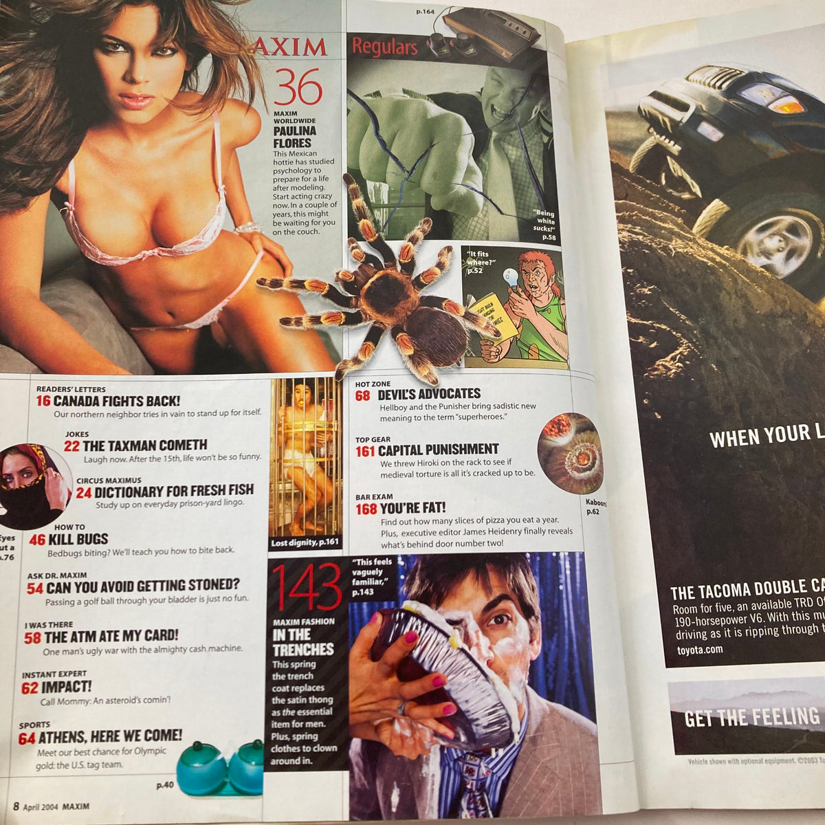Interior pages of Maxim Magazine Special Collector's Edition April 2004, highlighting various articles, including a section on Paulina Flores and feature stories relevant to early 2000s pop culture.