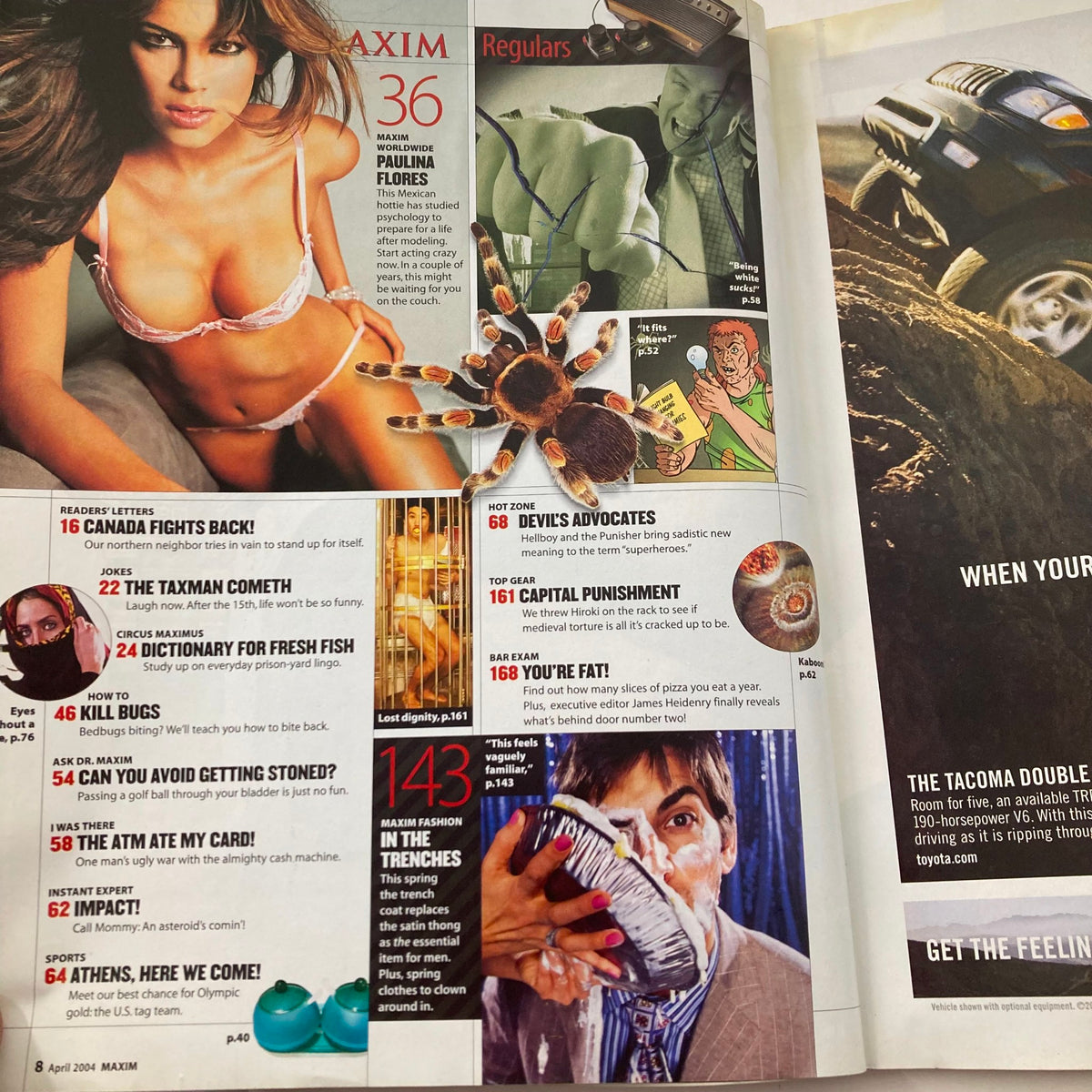 Maxim Magazine Special Collector's Edition April 2004 pages featuring a beautiful model, Paulina Flores, embodying early 2000s fashion trends and celebrity lifestyle.