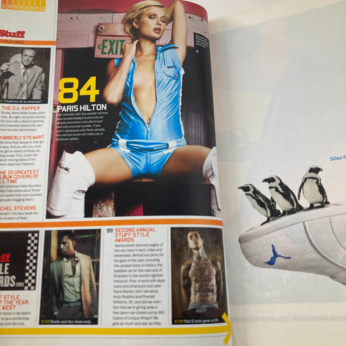 Interior page of Stuff Magazine October 2005 Issue 71, featuring Paris Hilton in a blue outfit with a plunging neckline, highlighting celebrity fashion of the 2000s.