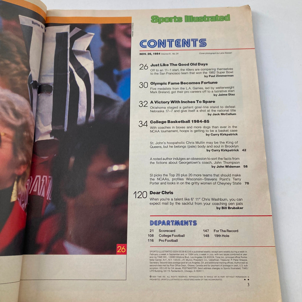 Contents page of Sports Illustrated Magazine from November 26, 1984, listing articles related to college basketball and sports culture of the time.