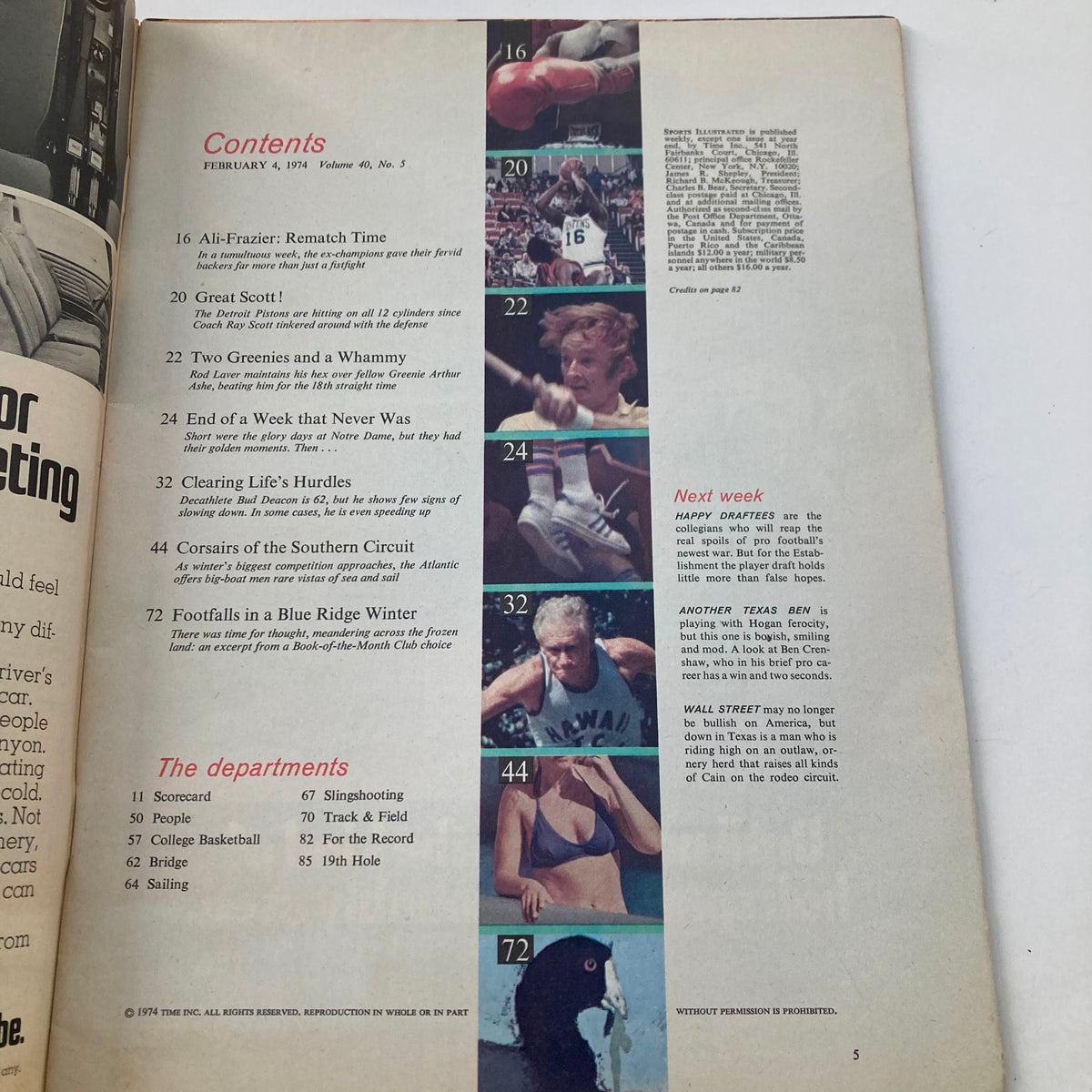 Contents page of Sports Illustrated Magazine February 4 1974, outlining articles and features, including coverage of the Ali-Frazier rematch.