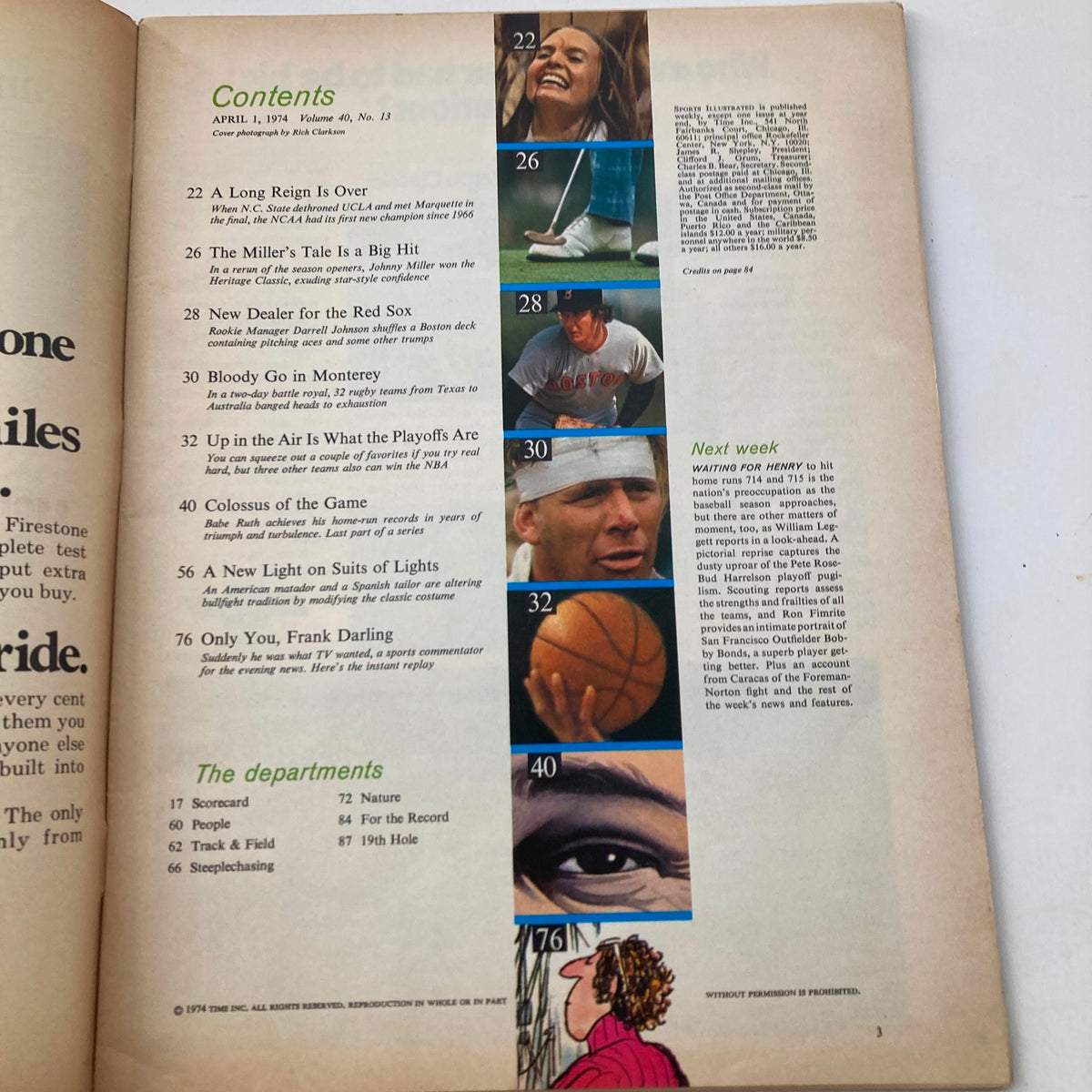 Inside contents page of Sports Illustrated Magazine from April 1, 1974, listing articles and features, including a coverage on NC State stopping UCLA.