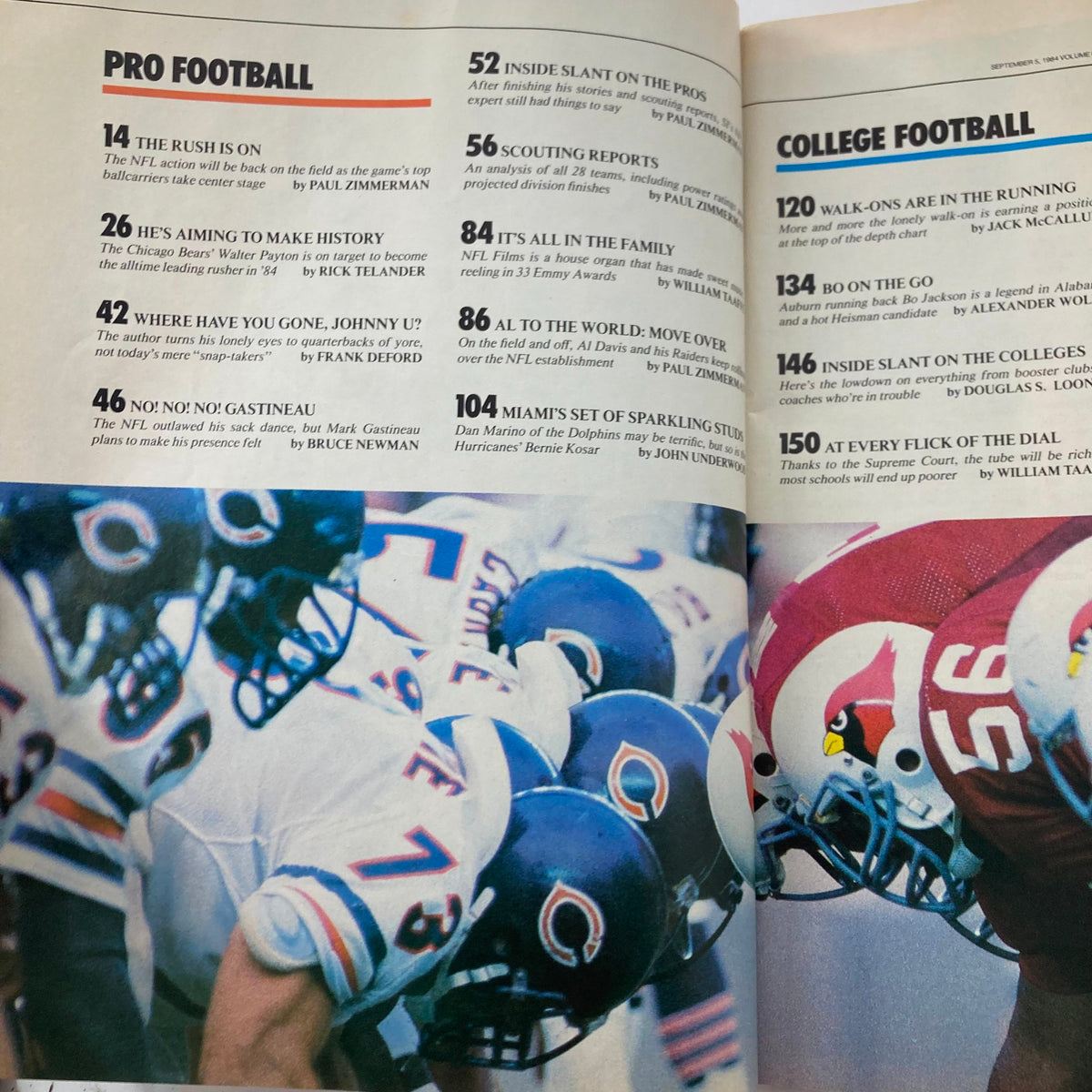 Interior page of the 1984 Sports Illustrated magazine featuring articles on pro and college football, including segments on Bernie Kosar and Dan Marino, related to 'VTG Sports Illustrated Magazine 1984 Bernie Kosar, Dan Marino No Label'.