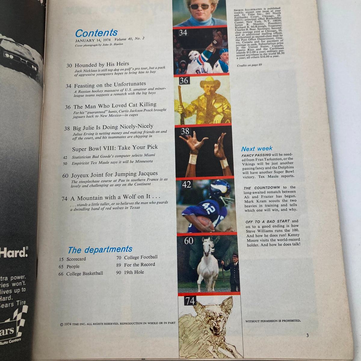 Inside contents page of Sports Illustrated Magazine from January 14, 1974, displaying various articles and features, including coverage of sports events and notable personalities of the time.