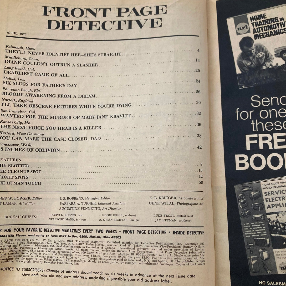 Page from VTG Front Page Detective Magazine April 1973 featuring contents including crime stories and articles.