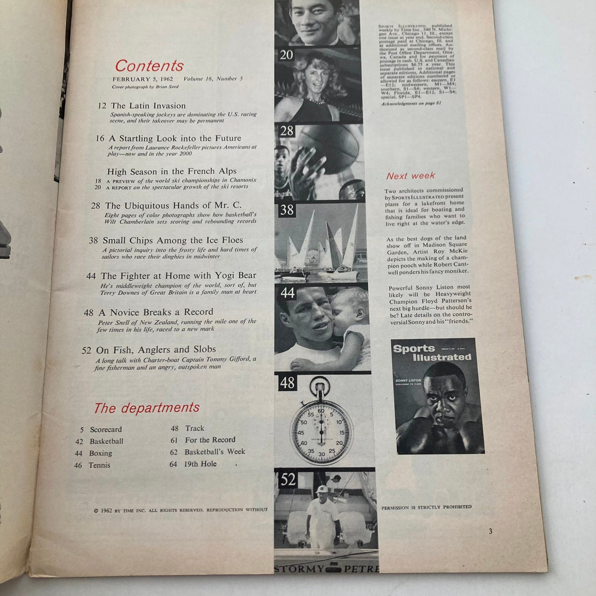 Overview of the contents page from the Sports Illustrated Magazine, February 5, 1962, Volume 16, Number 5, featuring notable articles and features including 'The Latin Invasion' and 'High Season in the French Alps.'