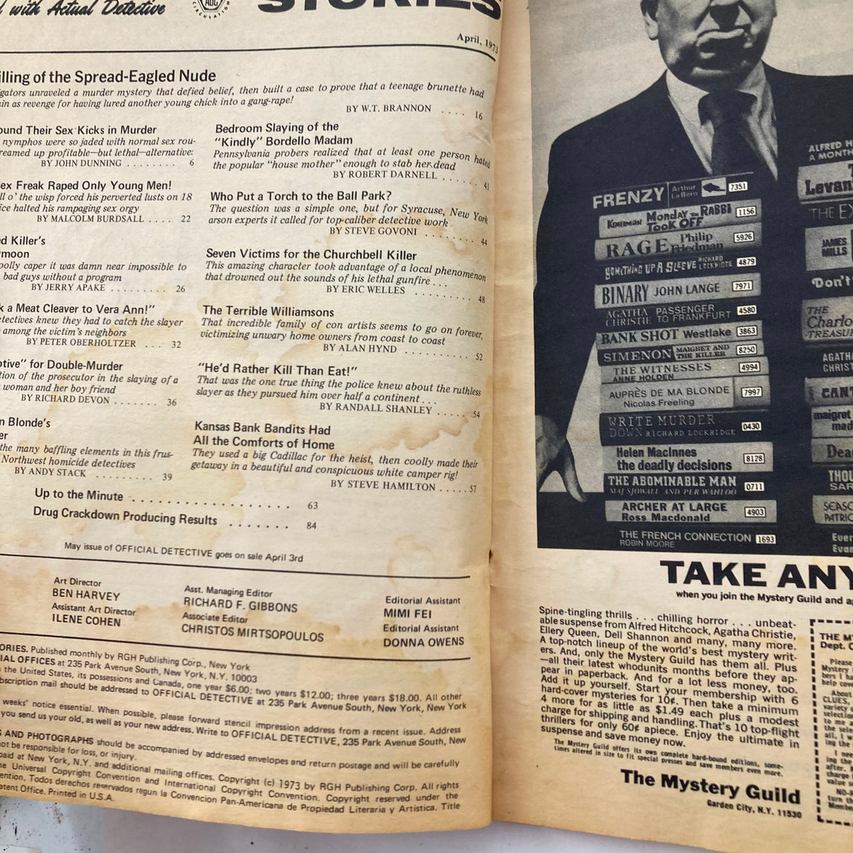 Inside pages of the VTG Official Detective Stories Magazine April 1973 displaying table of contents and various story titles featured in the edition, reflecting the magazine's focus on detective narratives and crime-solving.