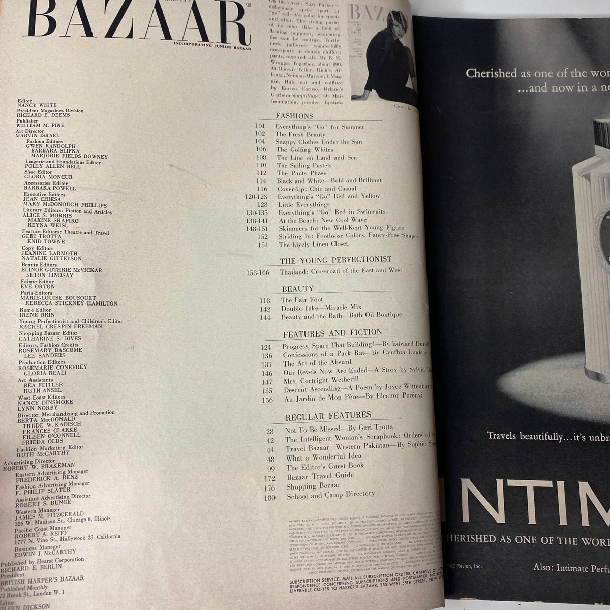 Table of contents from Harper's Bazaar Magazine May 1962, listing featured articles and fashion sections, emphasizing the diverse cultural content of the issue.