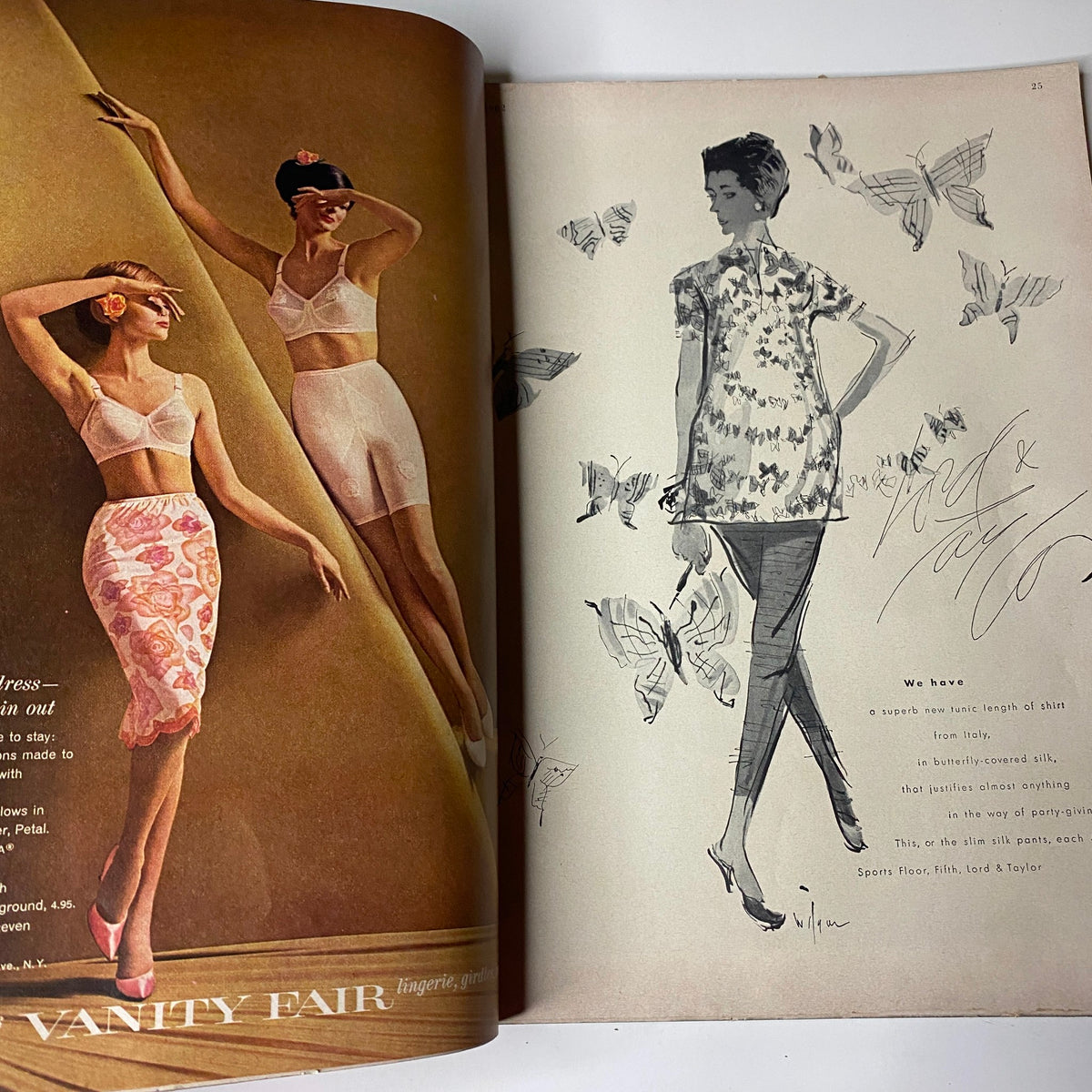 Vintage lingerie advertisement from Harper's Bazaar Magazine May 1962, featuring stylish designs and a butterfly theme, reflecting the fashion trends of the era.
