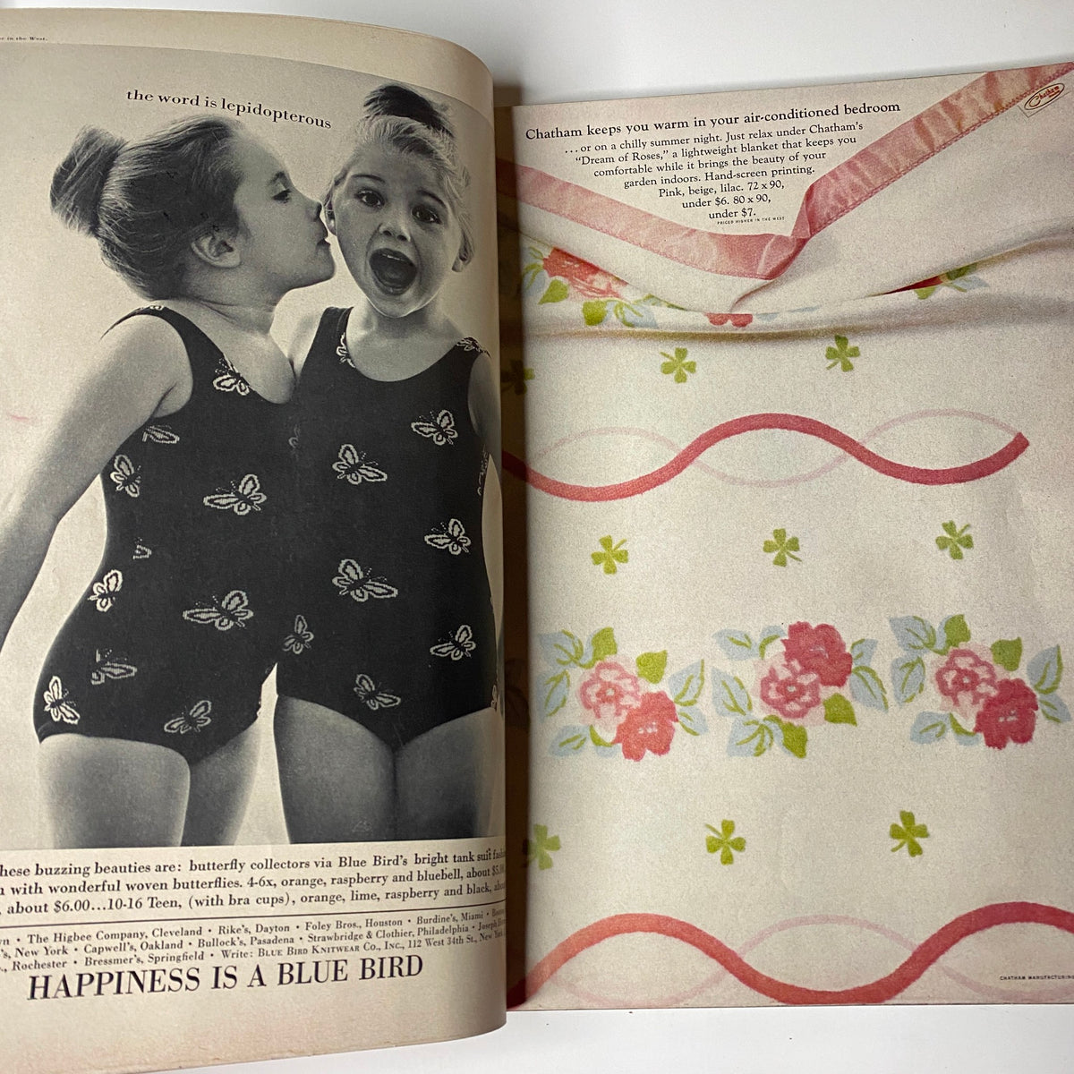 Child models in playful swimwear from Harper's Bazaar Magazine May 1962, illustrating the joyful essence of early 1960s children's fashion.