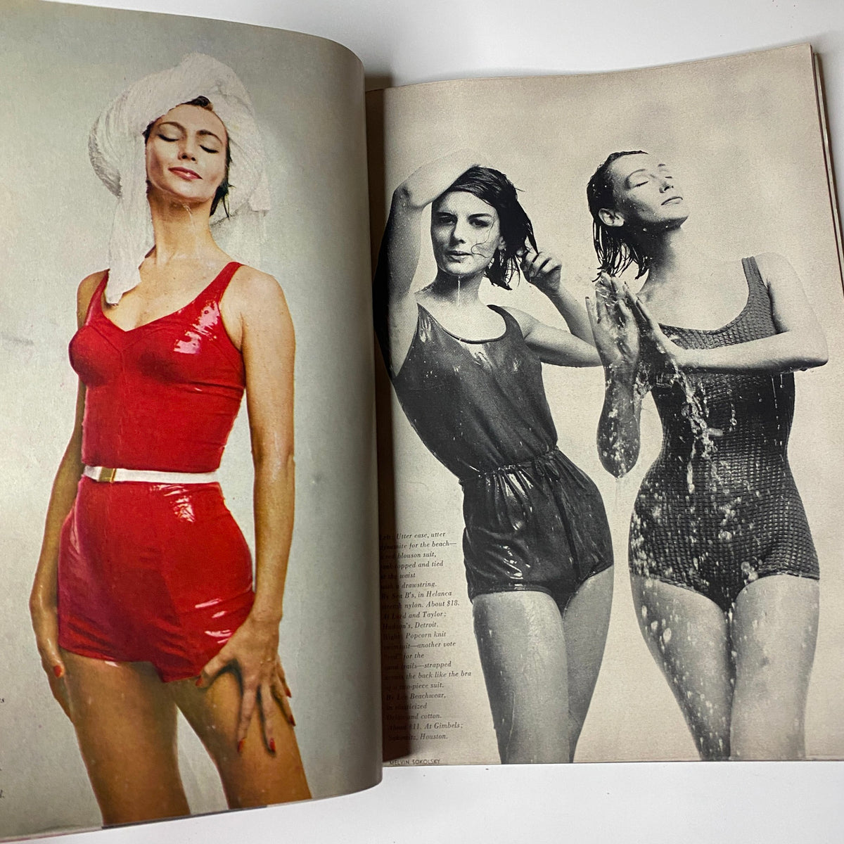 Vintage Harper's Bazaar Magazine May 1962 with Suzy Parker Cover by Richard Avedon featuring models in stylish swimwear—bold red and glossy black attire.
