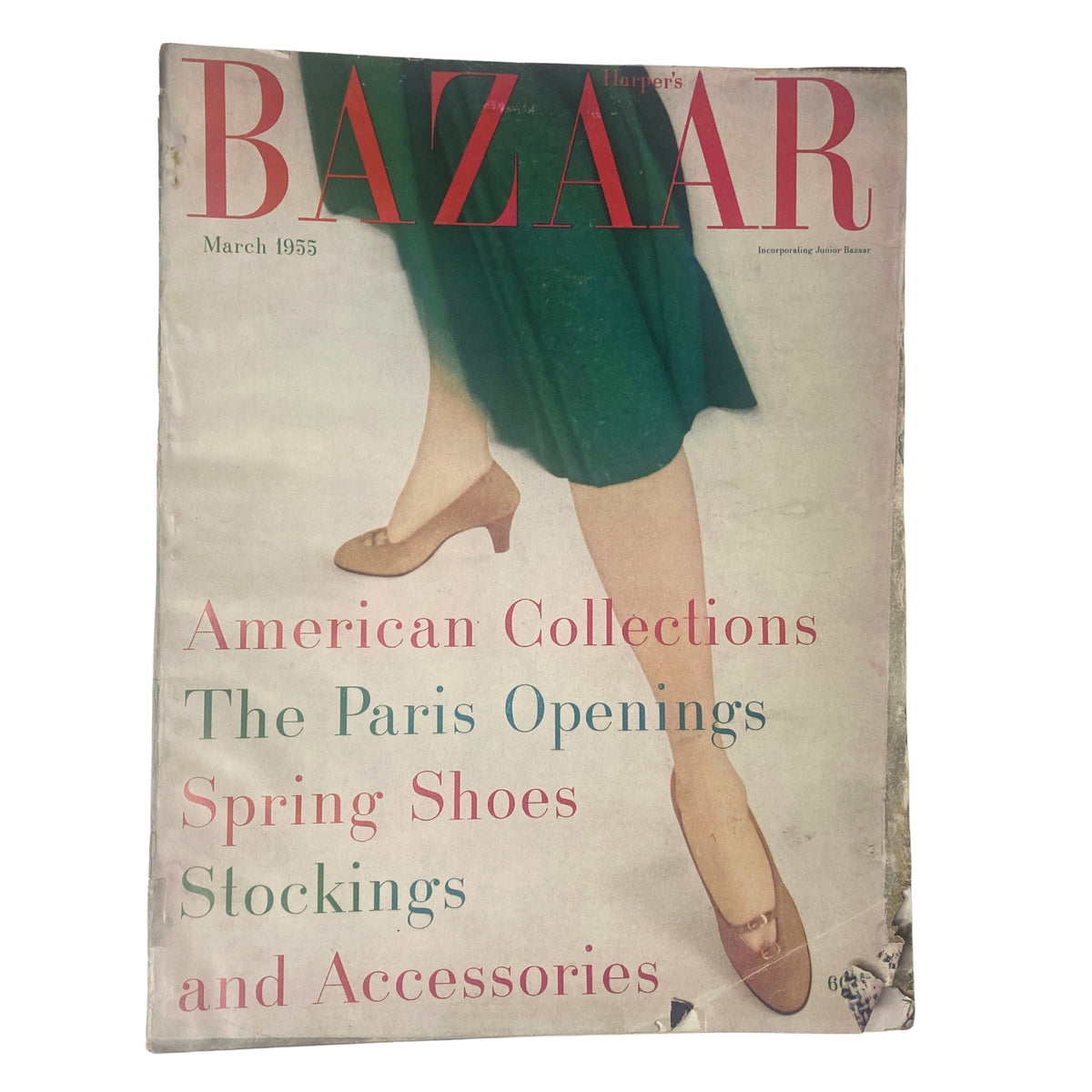 Cover of Harper's Bazaar Magazine March 1955 featuring the theme American Collections with elegant fashion, showcasing spring shoes, stockings, and accessories.