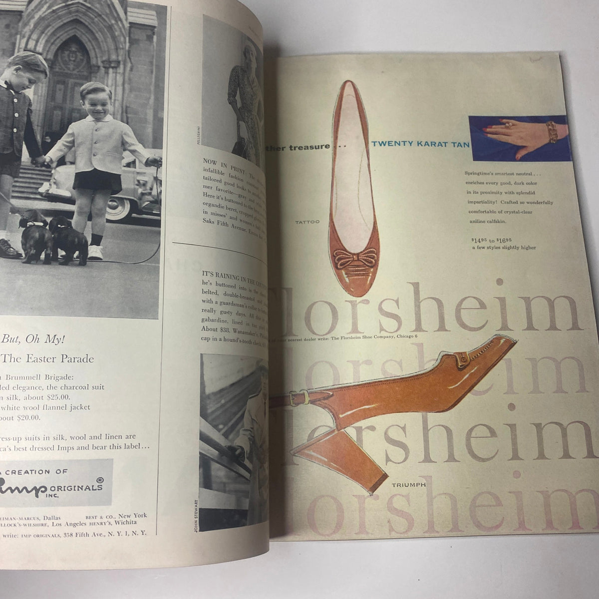 Page from Harper's Bazaar Magazine March 1955 showcasing footwear advertisements for stylish women's shoes, featuring elegant designs illustrative of mid-century fashion.