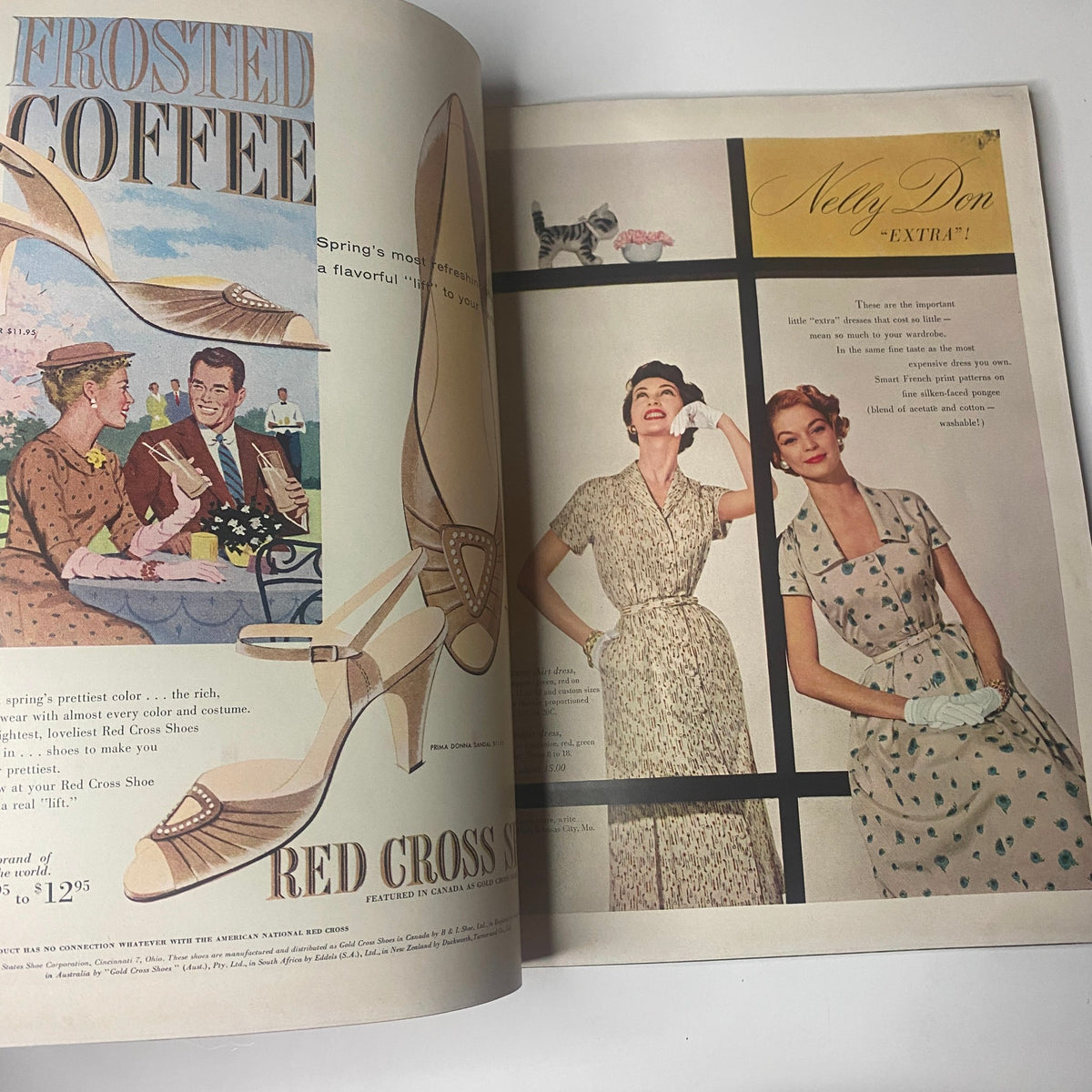 Frosted Coffee themed page from Harper's Bazaar Magazine March 1955 featuring spring fashion, stylish shoes, and a beautifully dressed model promoting chic attire.