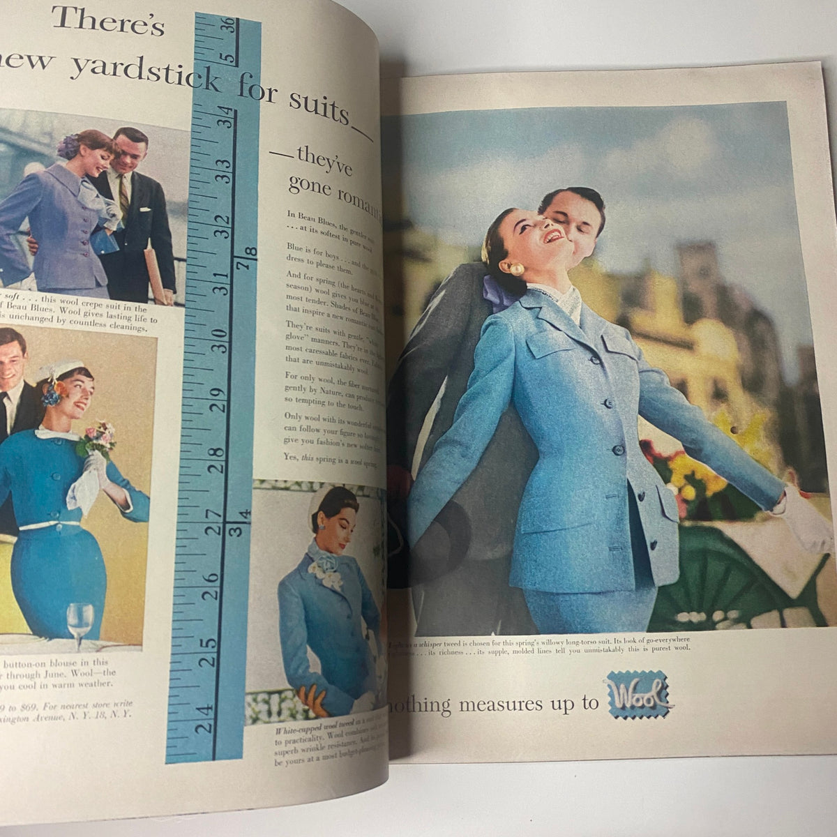 Fashion page from Harper's Bazaar Magazine March 1955 highlighting tailored suits for women, showcasing the latest trends in mid-century fashion.