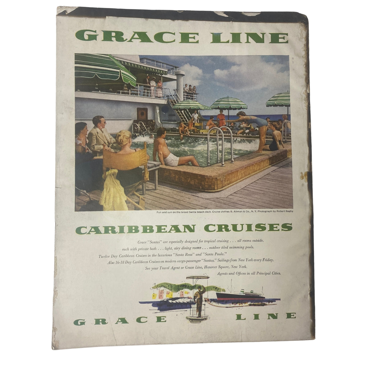 Vintage advertisement for Grace Line Caribbean Cruises featuring a pool scene with people enjoying their time. This image is related to the Harper's Bazaar Magazine March 1955 American Collections GD Interior.