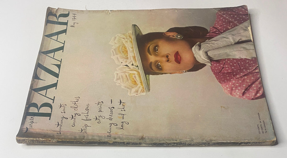Alternate view of the May 1944 Harper's Bazaar Magazine cover showcasing vintage fashion with a model adorned in pink and a wide-brimmed floral hat.