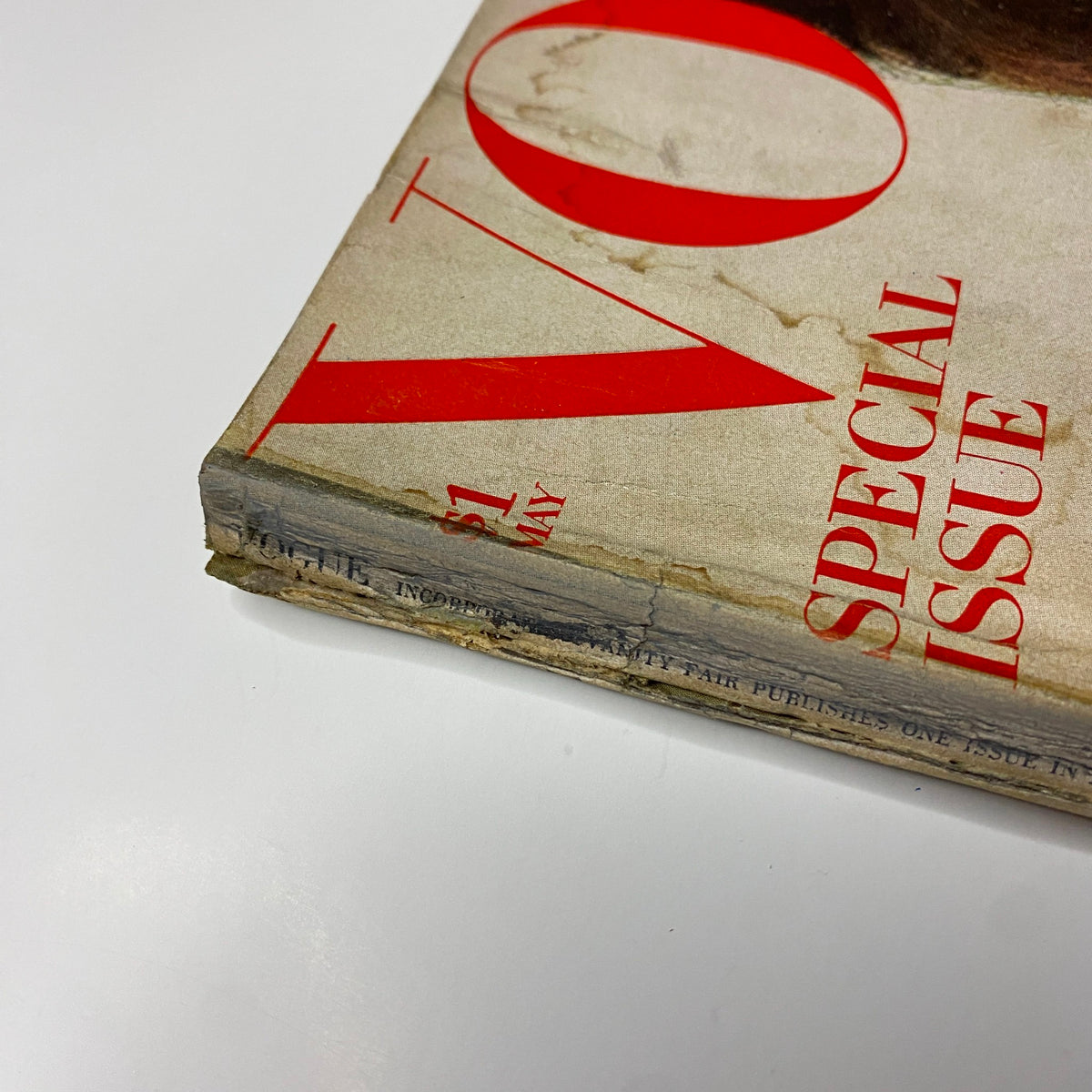 Close-up of the Vogue Magazine May 1968 cover showing the title and special issue details, reflecting its vintage condition.
