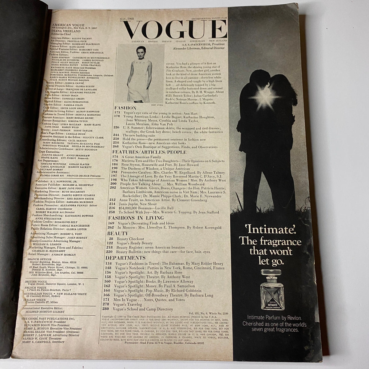 Interior page of Vogue Magazine May 1968 showing the table of contents with sections on fashion, features, and departments, capturing the magazine's vintage aesthetic.