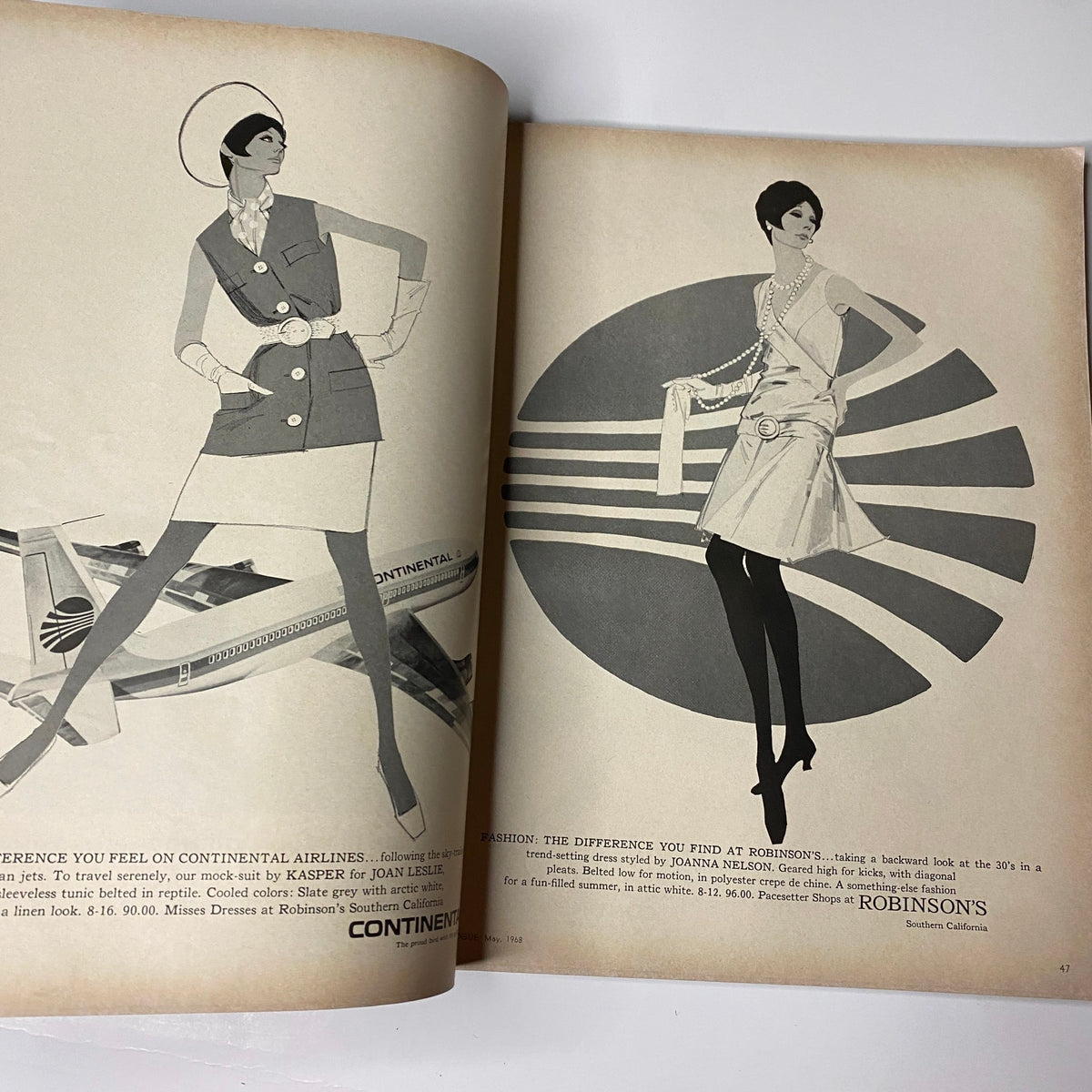 Vogue Magazine May 1968 - Katharine Ross by Bert Stern, illustrating a fashionable advertisement for Continental Airlines with a stylish model.