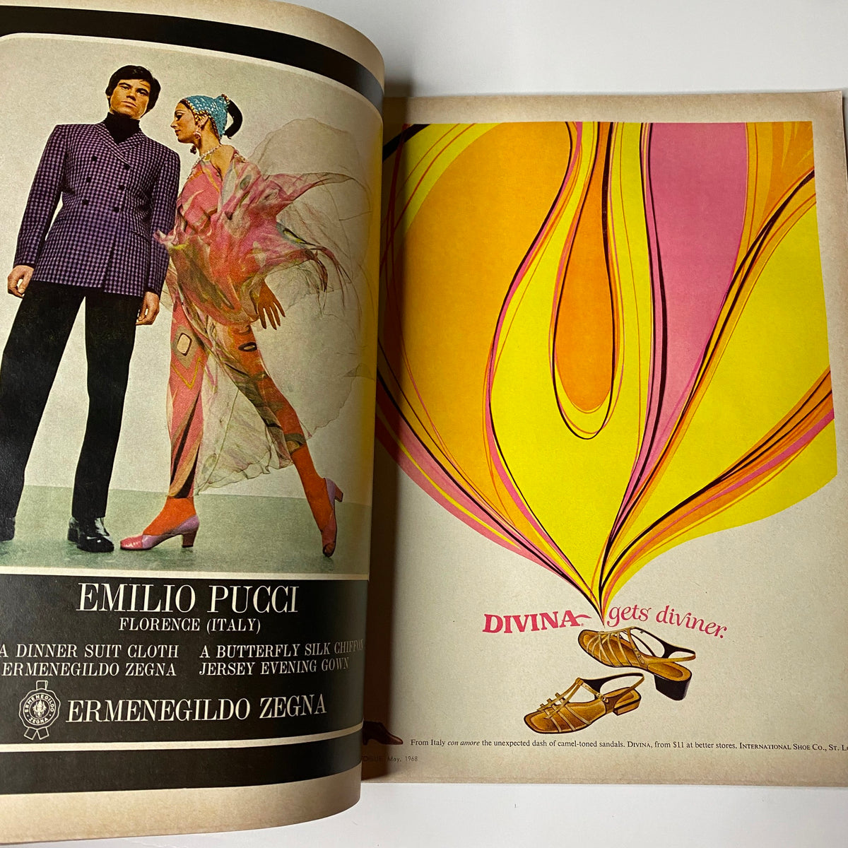Vogue Magazine May 1968 - Katharine Ross by Bert Stern, featuring a vibrant advertisement for Emilio Pucci with a fashionable couple.