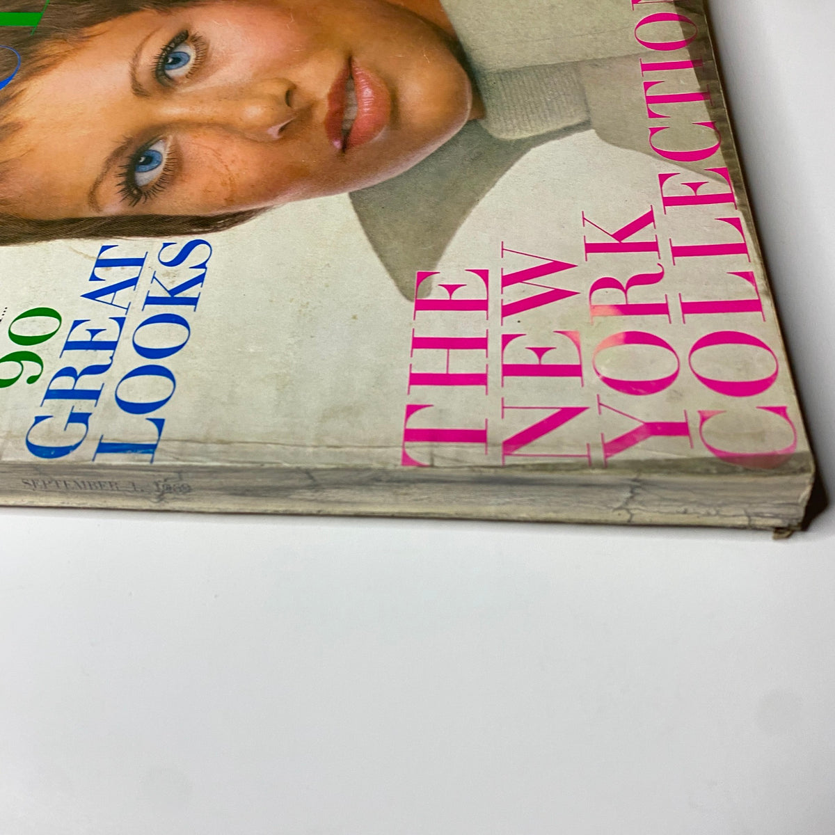 Another angle of Vogue Magazine September 1, 1969 featuring Ulla Bomser, highlighting the vibrant cover design and emphasis on American fashion, showcasing the New York Collections.