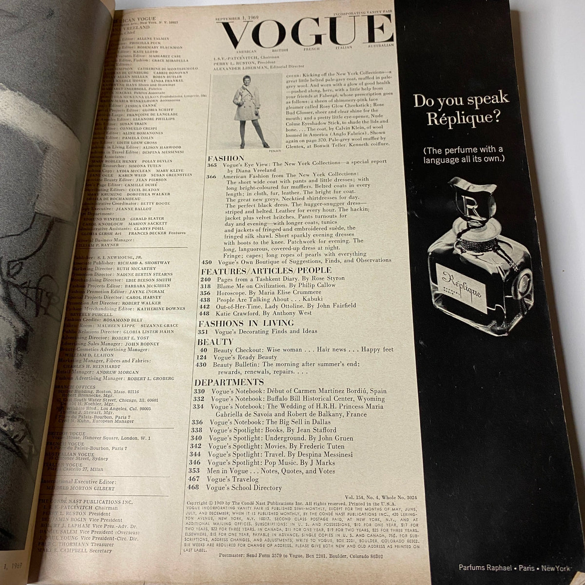 Table of contents page from Vogue Magazine September 1, 1969 featuring articles, features, and sections related to fashion insights and cultural commentary, including the New York Collections report.