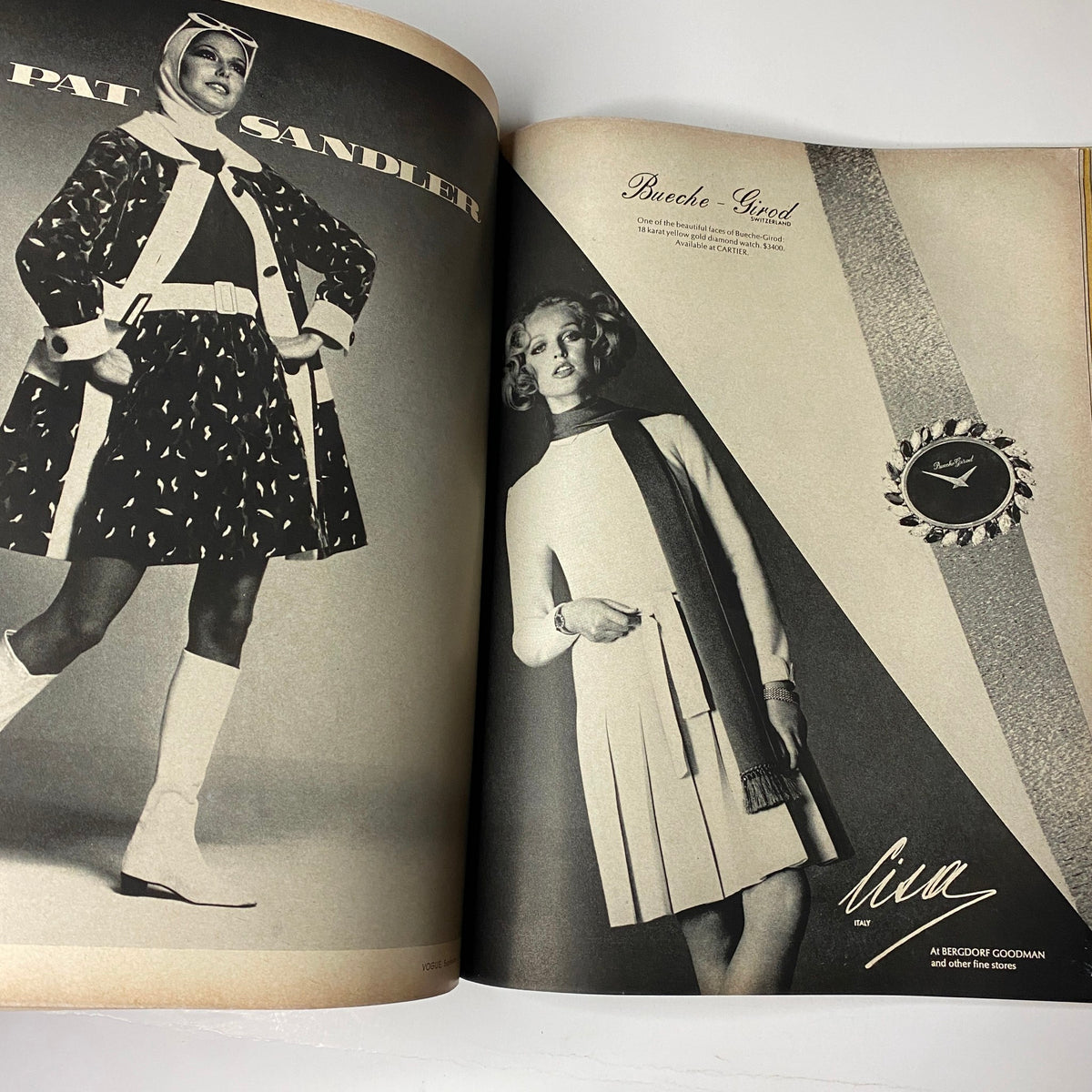Fashion editorial in Vogue Magazine September 1, 1969 displaying a model dressed in a vintage dress and scarf, illustrating the bold styles of the late 1960s.