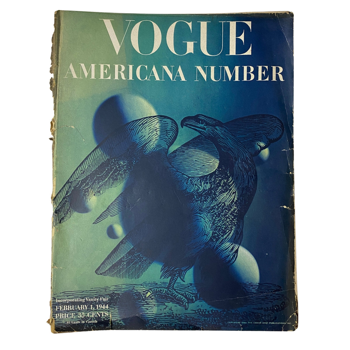 Cover of Vogue Magazine, February 1, 1944 - Americana Number featuring an eagle illustration by Irving Penn, showcasing vintage design with wear marks.