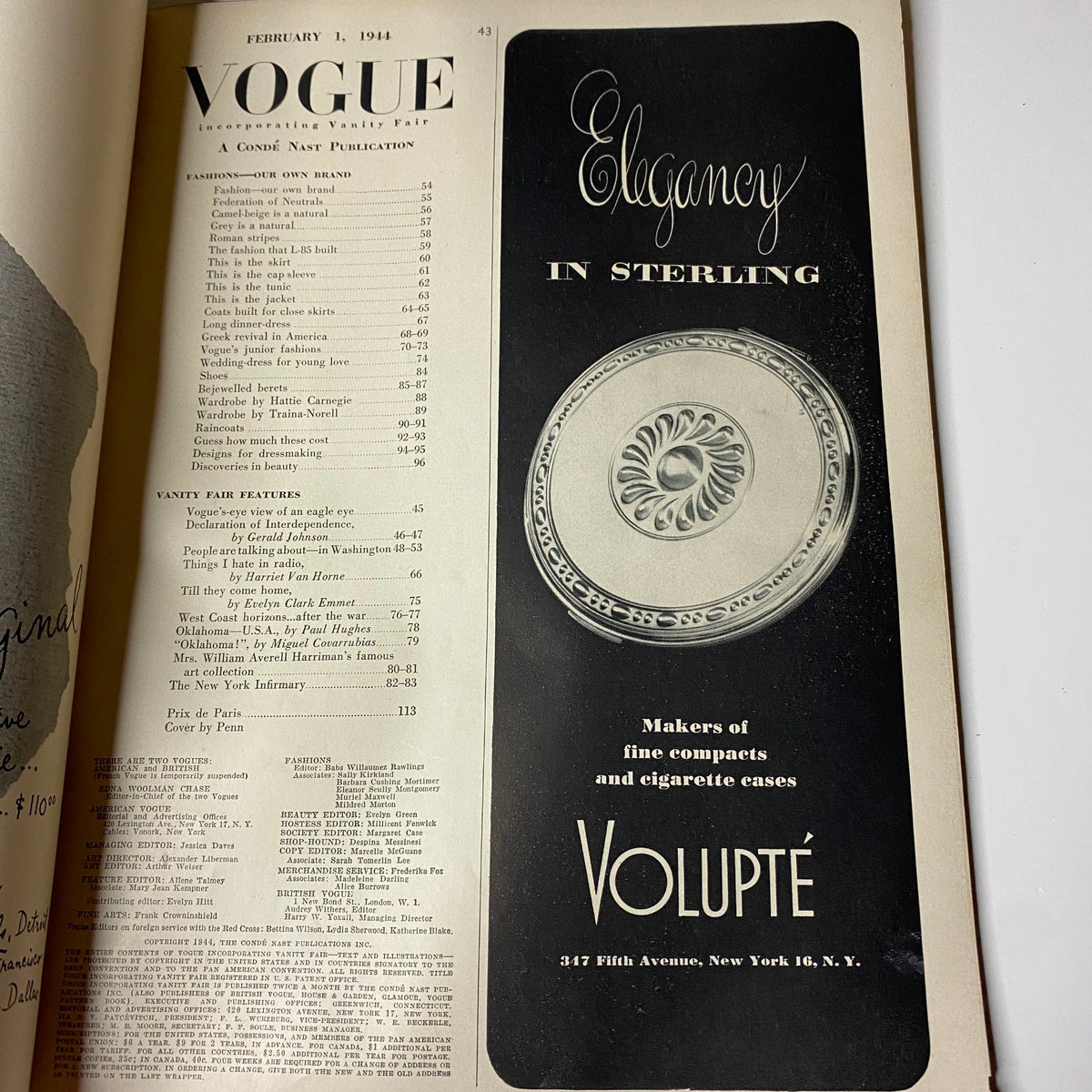Inside page of Vogue Magazine February 1, 1944 Americana Number featuring the table of contents and vintage advertisements.