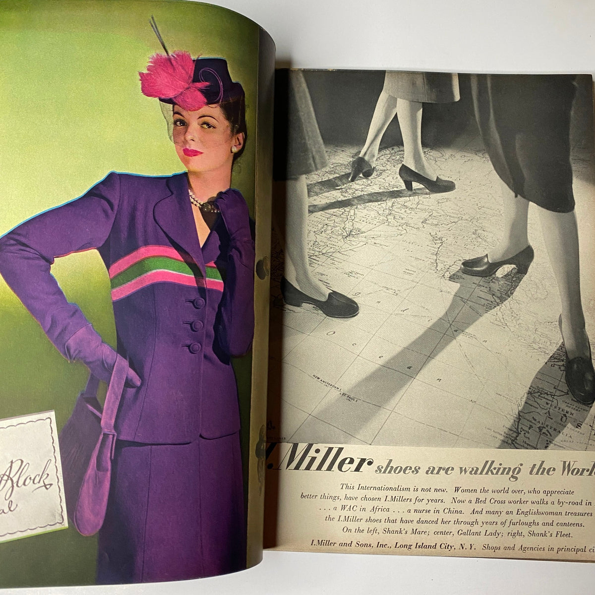 Fashion advertisement from Vogue Magazine February 1, 1944 Americana Number, showcasing Miller shoes with a vibrant model in a stylish suit.